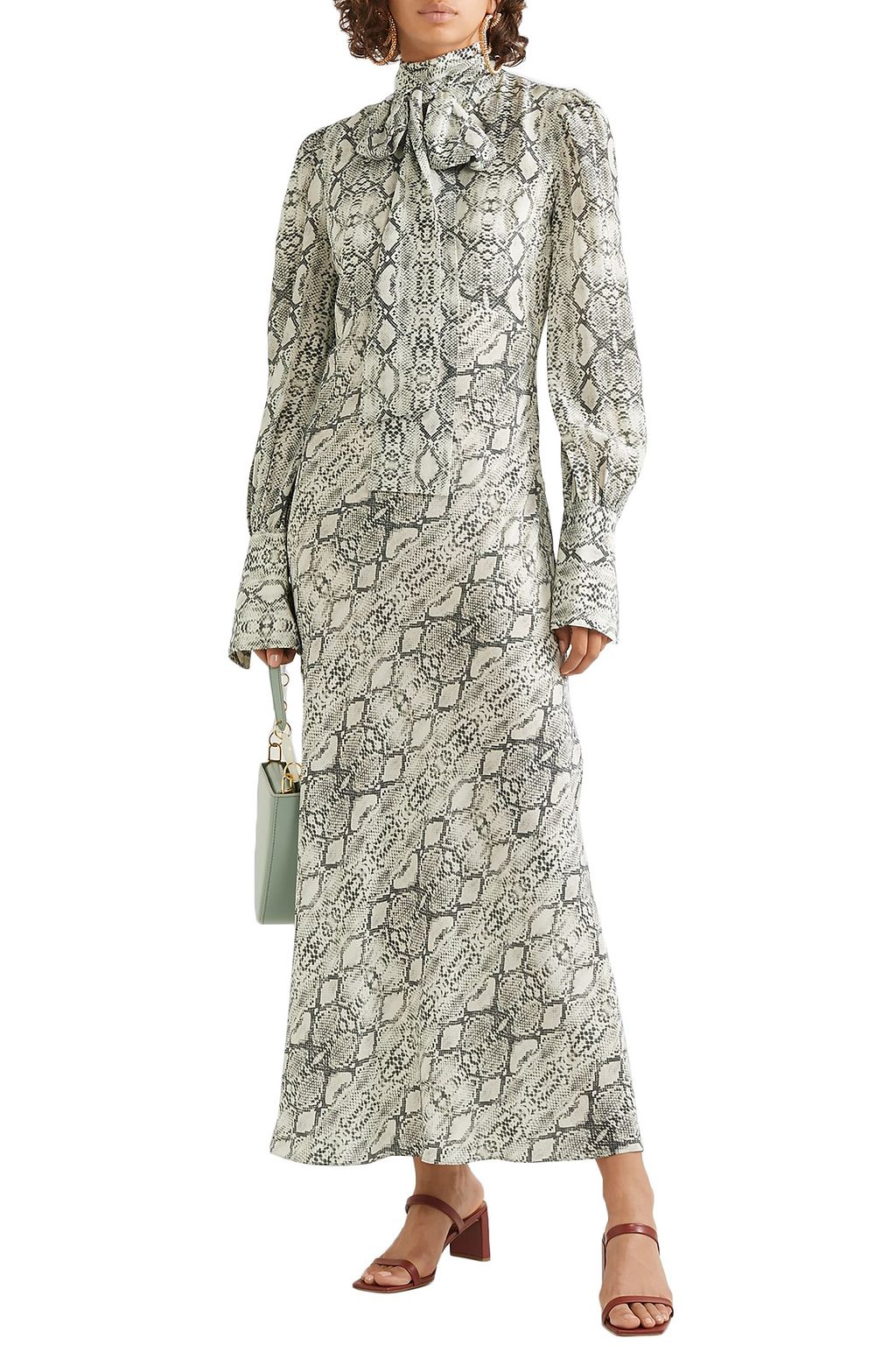 LES RÊVERIES Pussy-bow snake-print silk crepe de chine maxi dress