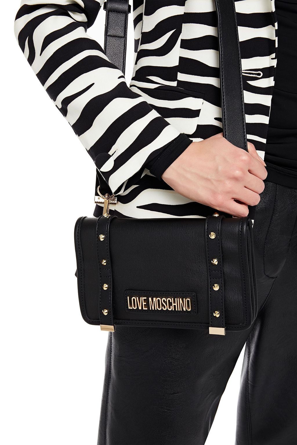 LOVE MOSCHINO Studded faux leather-trimmed coated-canvas shoulder bag