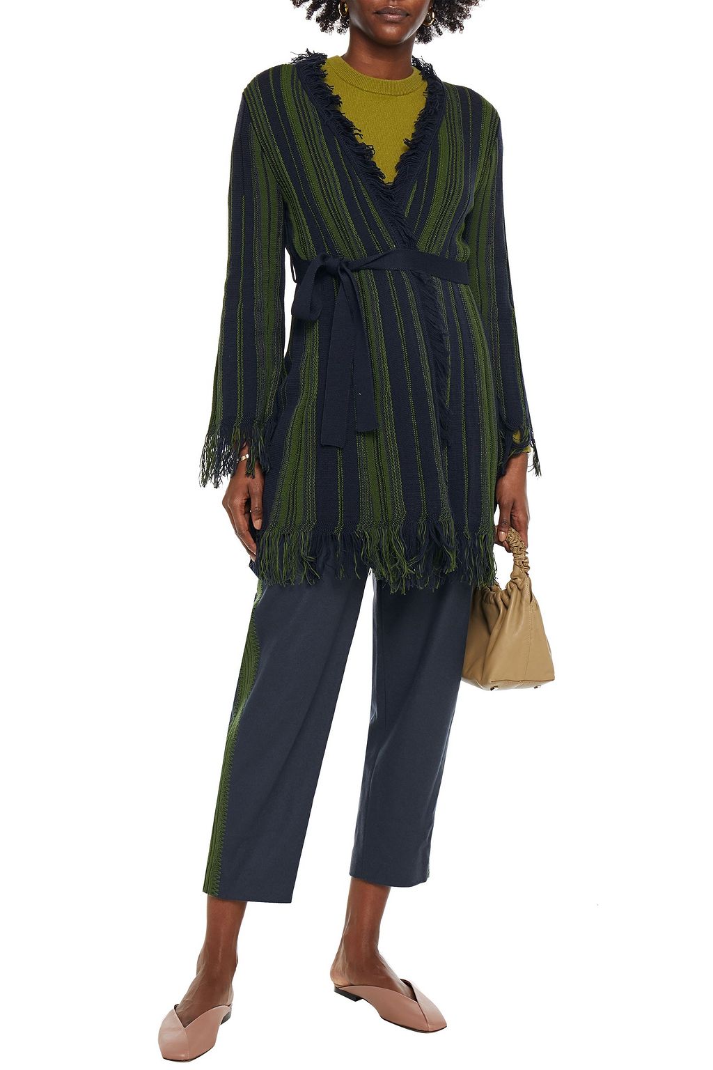 M MISSONI Belted fringed striped cotton-blend cardigan