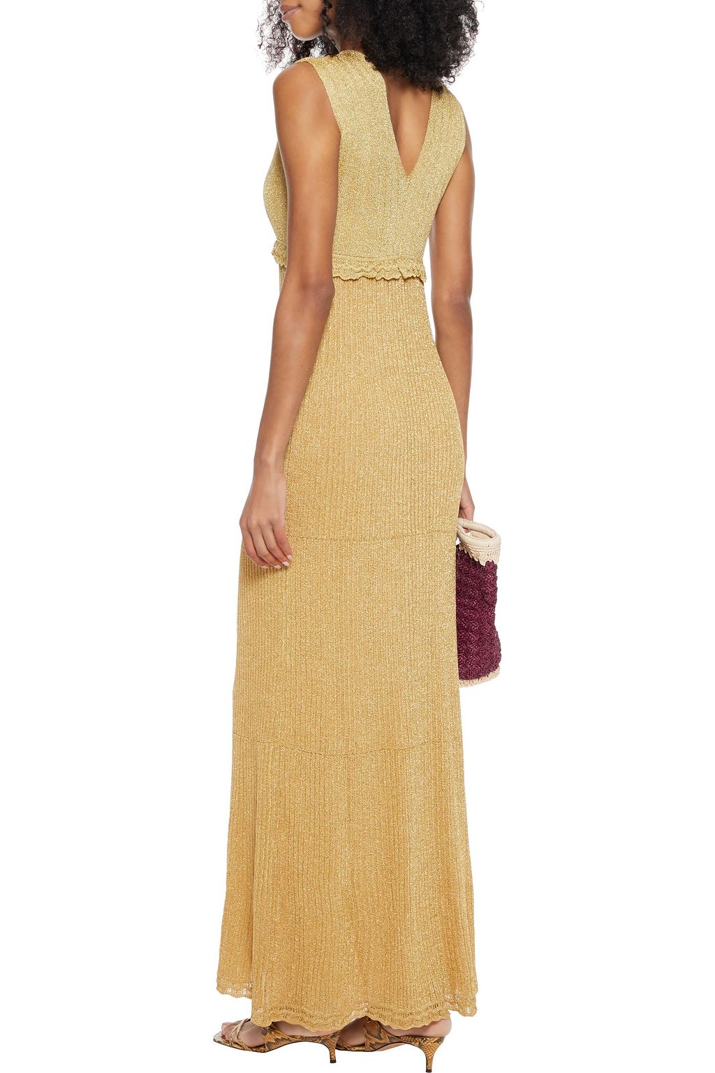 M MISSONI Ruffle-trimmed metallic crochet-knit maxi dress