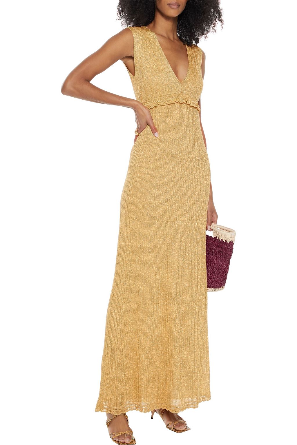 M MISSONI Ruffle-trimmed metallic crochet-knit maxi dress