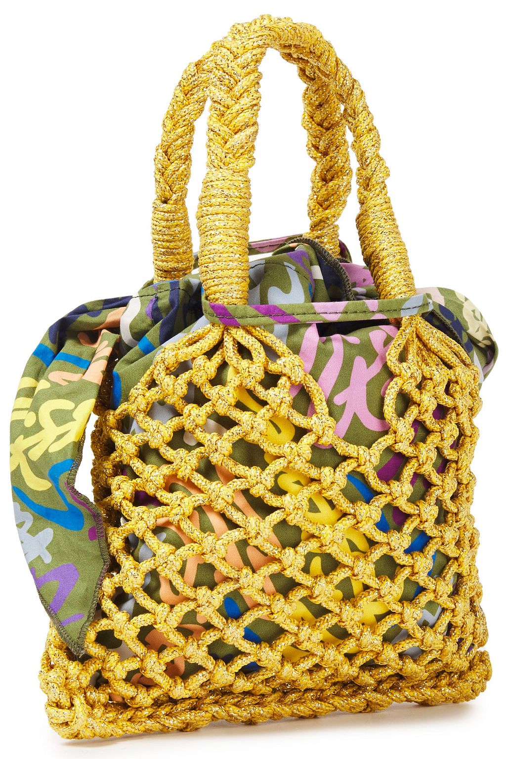 M MISSONI Tote Bag aus bedruckter Baumwolle und Makramee in Metallic-Optik