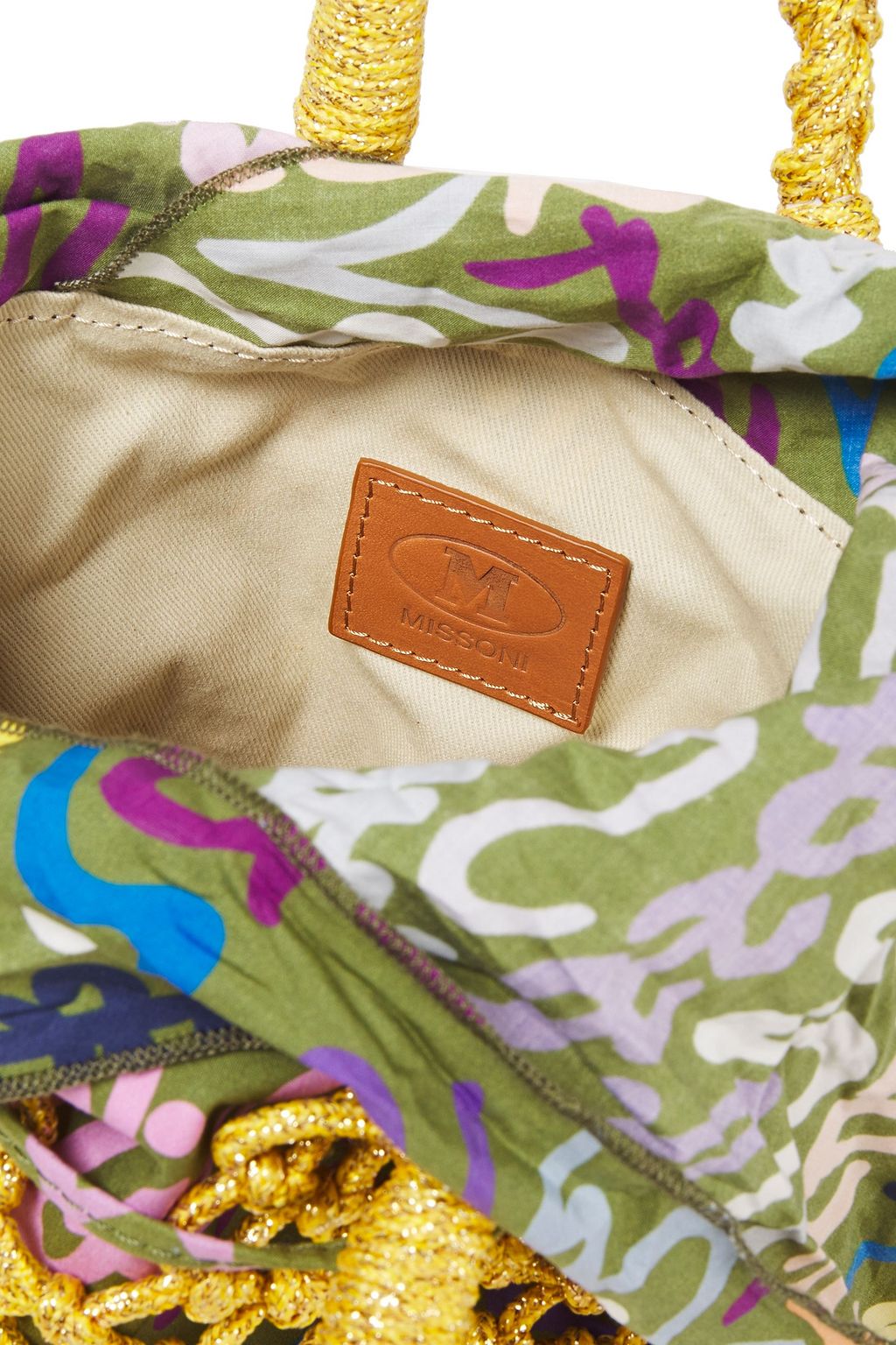 M MISSONI Tote Bag aus bedruckter Baumwolle und Makramee in Metallic-Optik