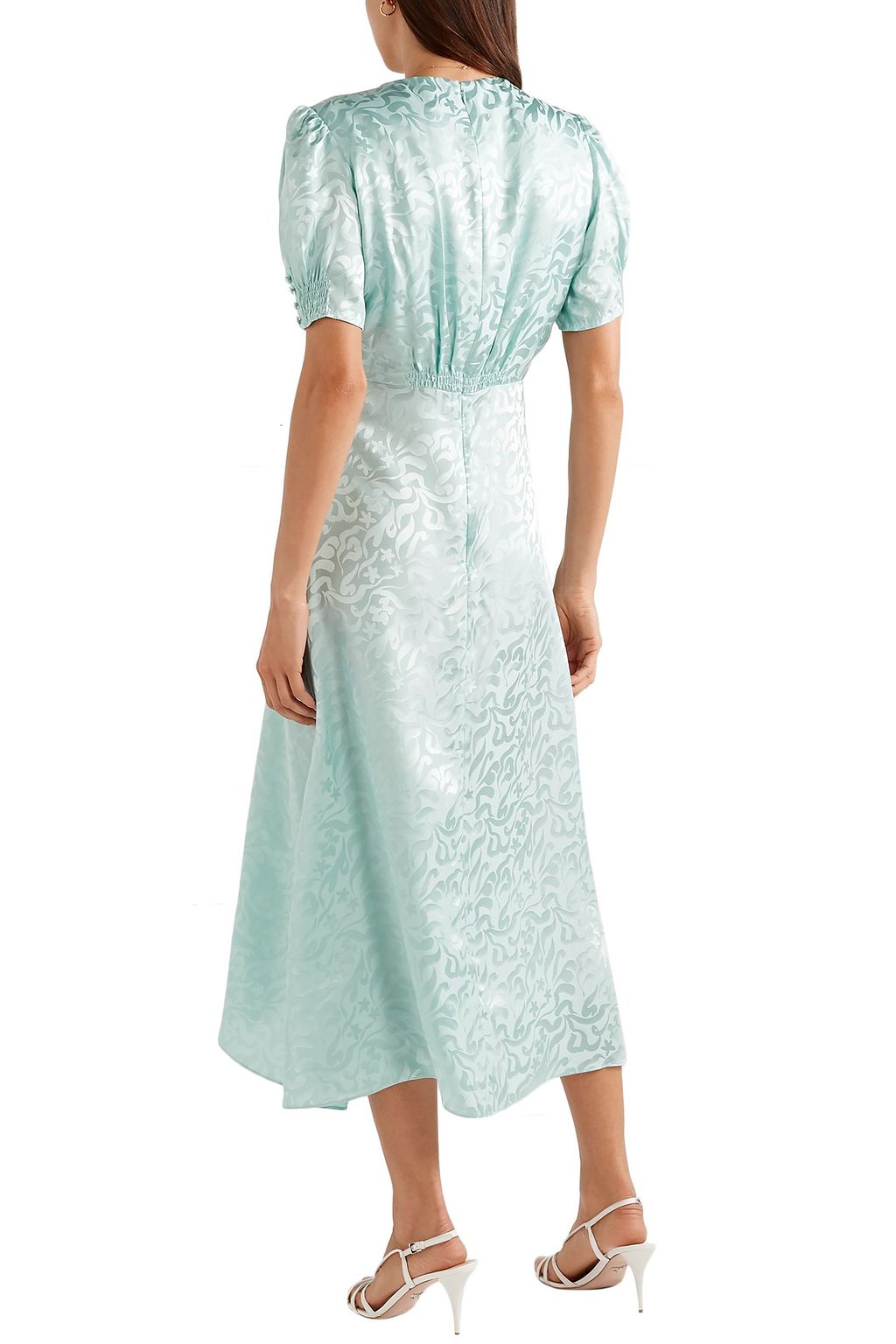 SALONI Lea shirred embroidered silk-satin jacquard midi dress