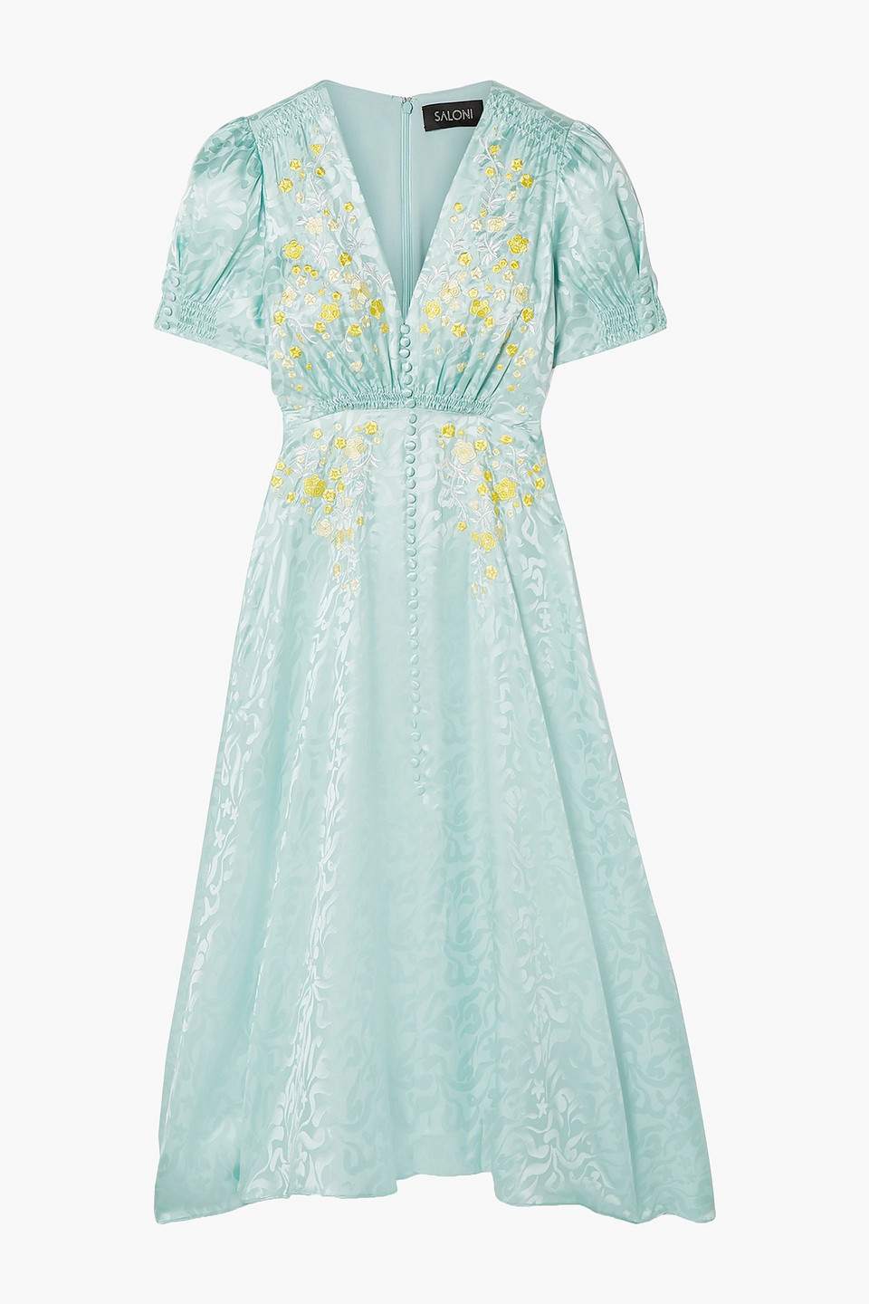Lea shirred embroidered silk-satin jacquard midi dress