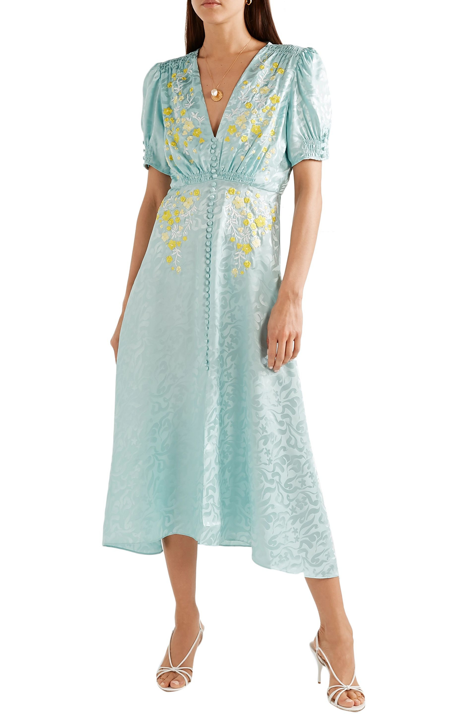 Saloni Lea shirred embroidered silk-satin jacquard midi dress