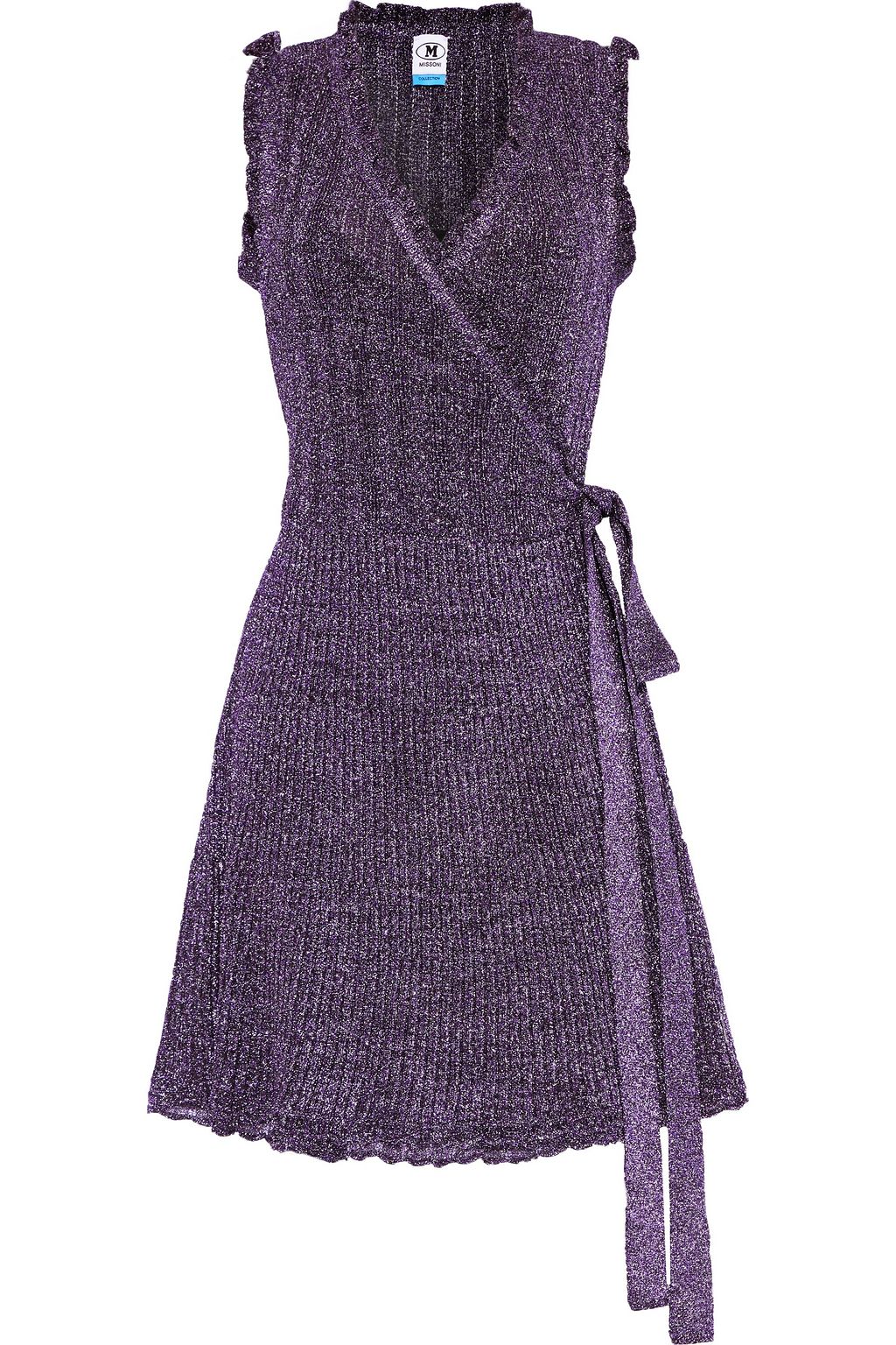 M MISSONI Ruffletrimmed metallic crochetknit mini wrap dress THE