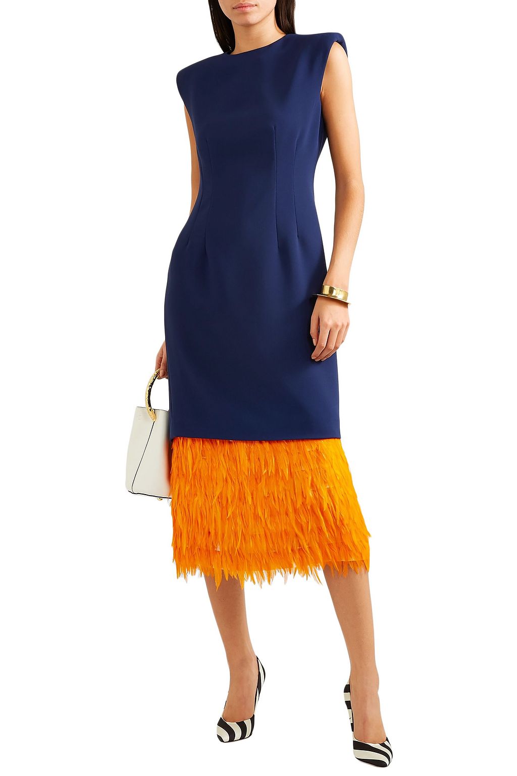 DRIES VAN NOTEN Feather-trimmed cady midi dress
