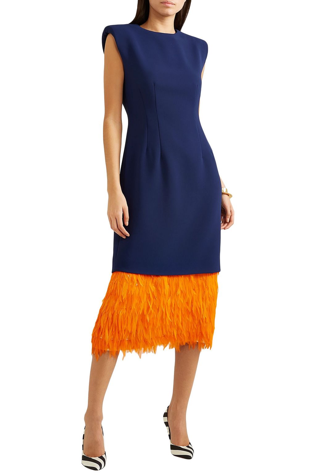 Blue Feather-trimmed cady midi dress 