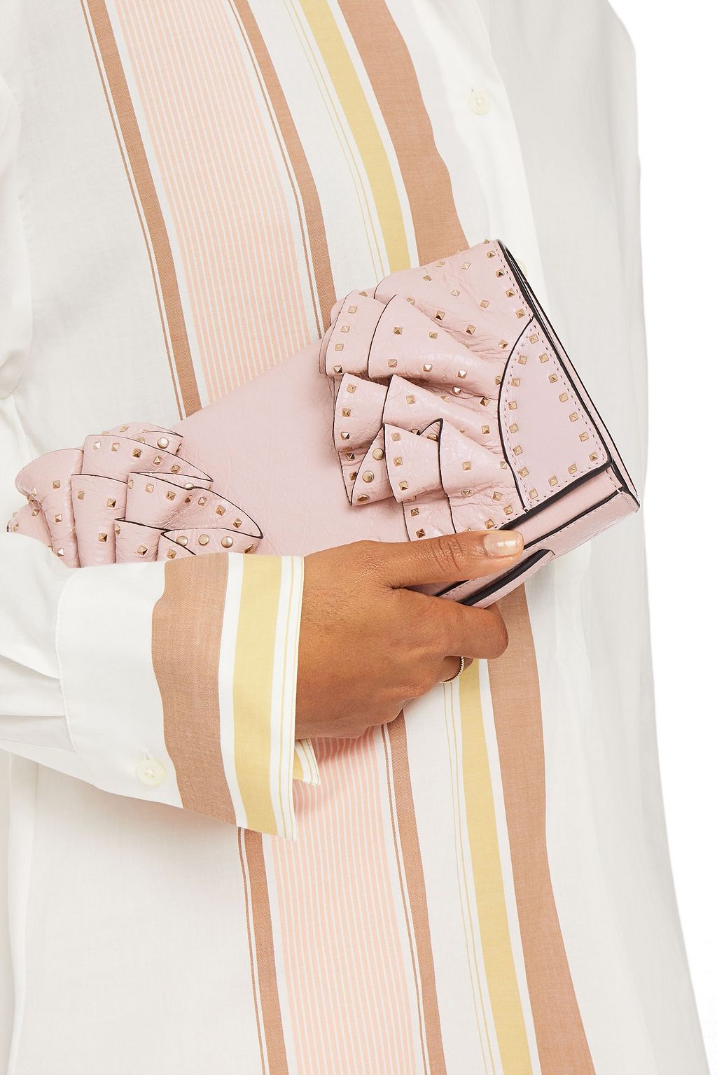 VALENTINO GARAVANI Rockstud ruffled crinkled-leather clutch