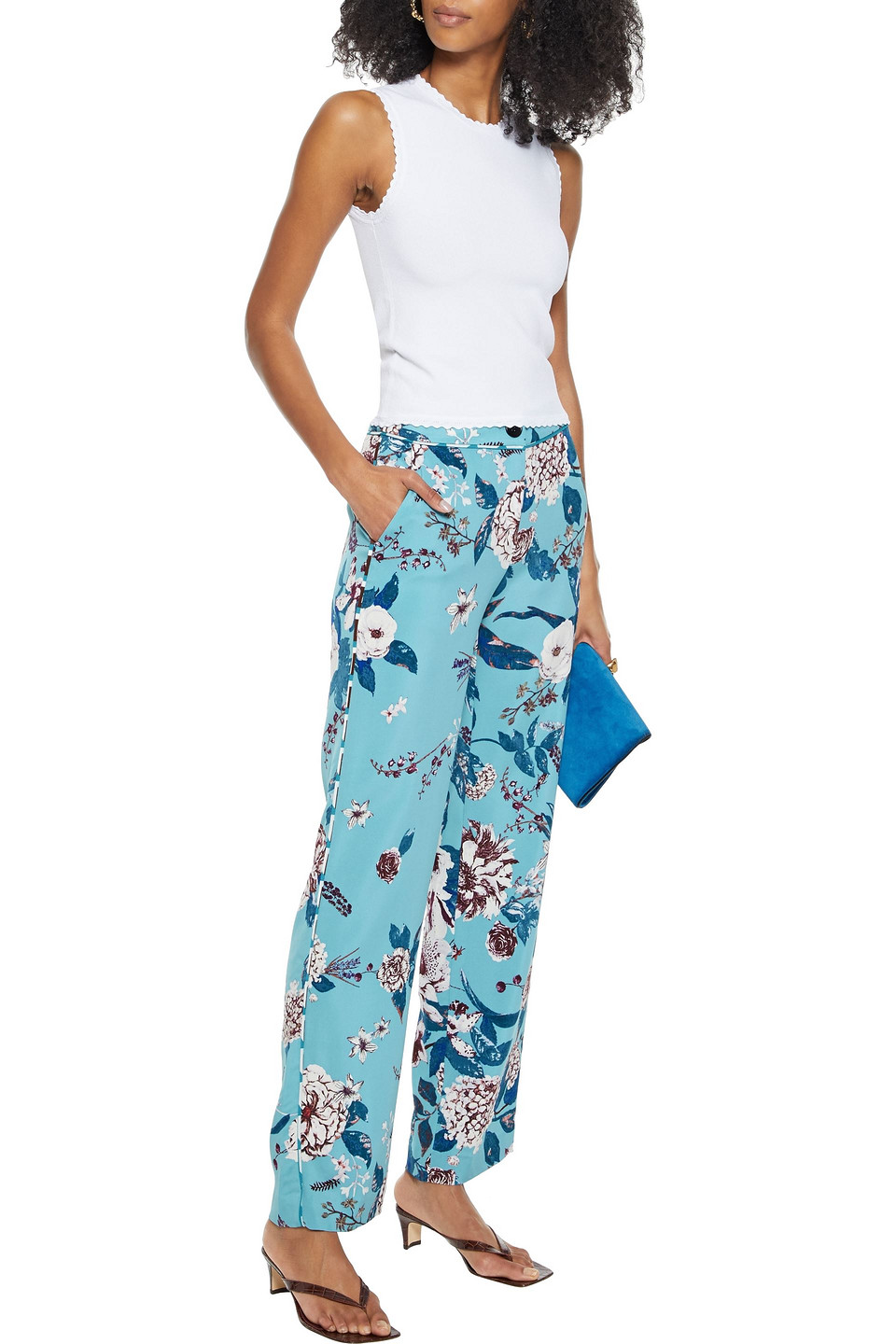 Diane Von Furstenberg Ashley Floral-print Cady Straight-leg Pants In Turquoise