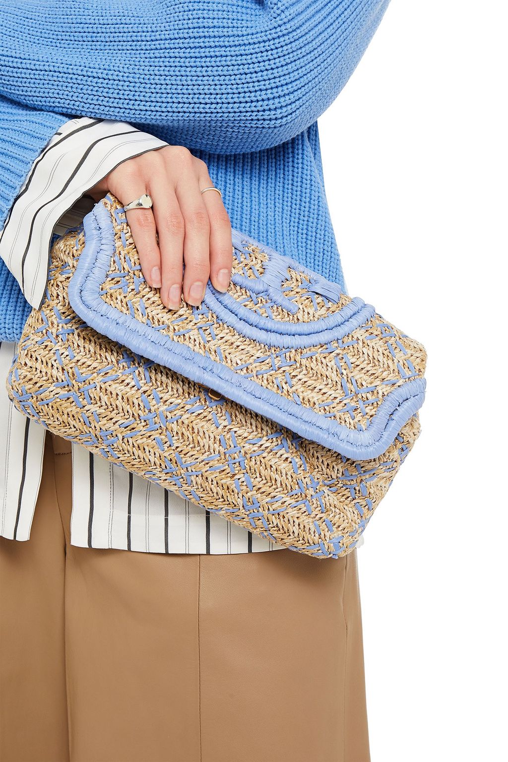 TORY BURCH Fleming embroidered raffia clutch