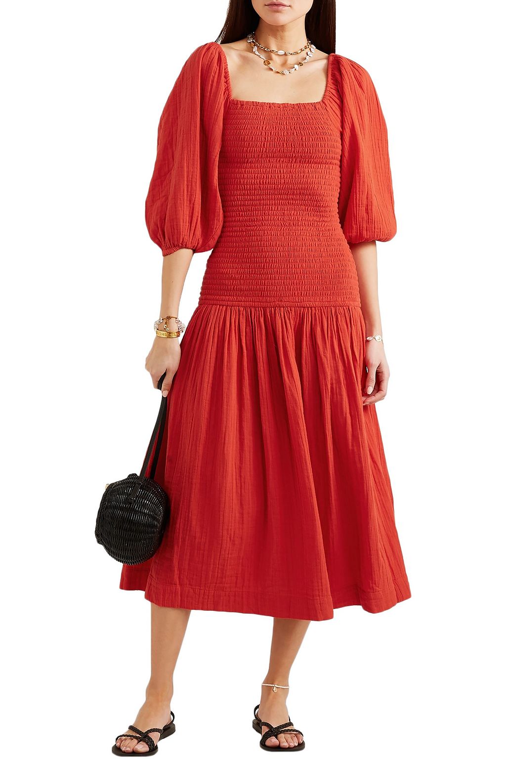 RHODE Harper smocked cotton-gauze midi dress