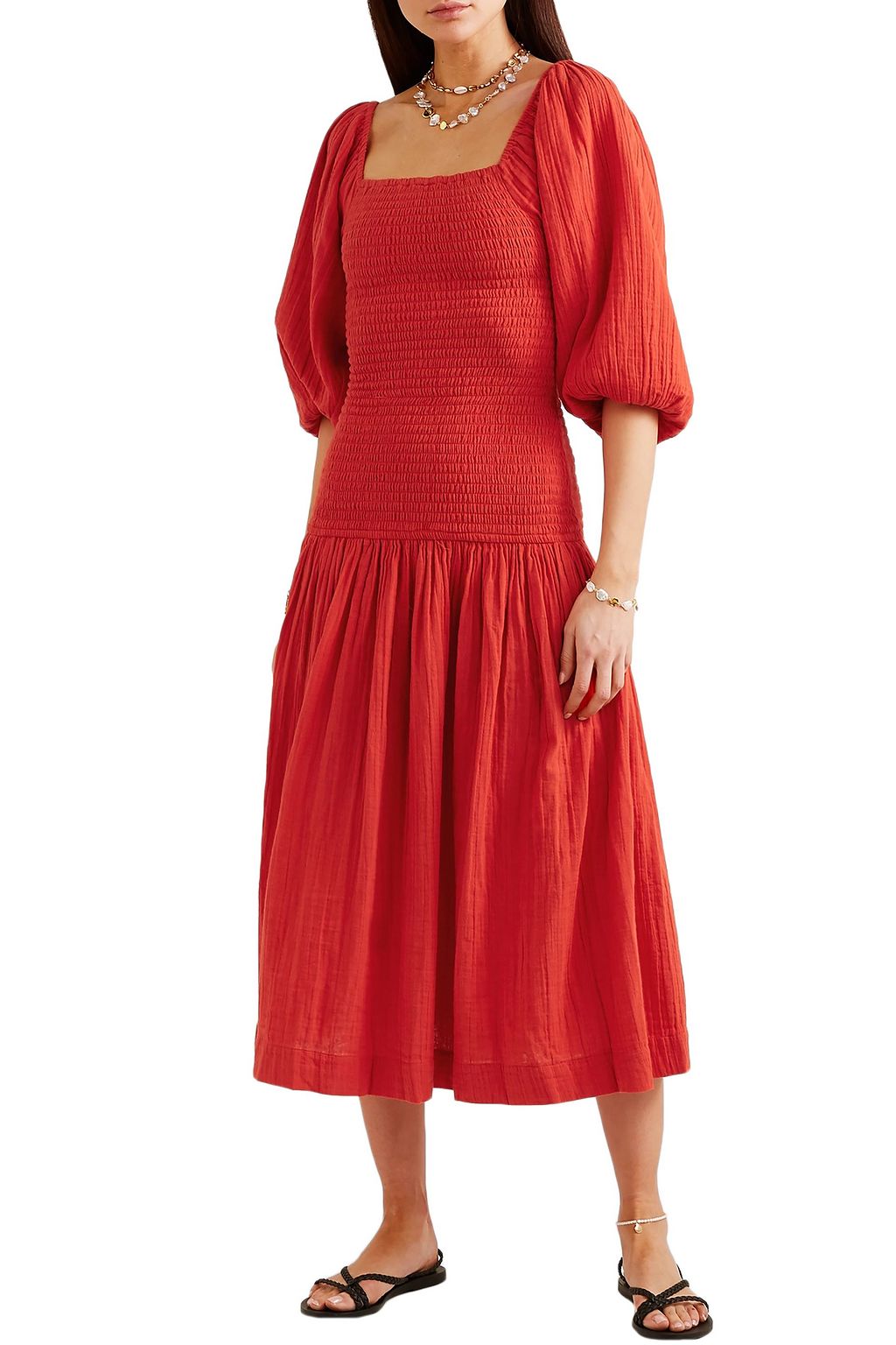 RHODE Harper smocked cotton-gauze midi dress