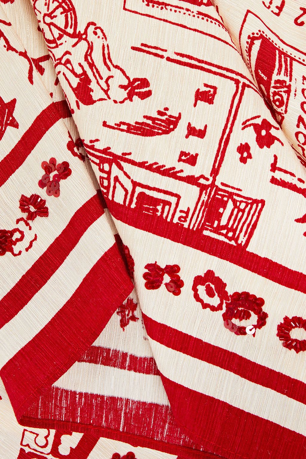 TORY BURCH Sequin-embellished printed silk and linen-blend scarf
