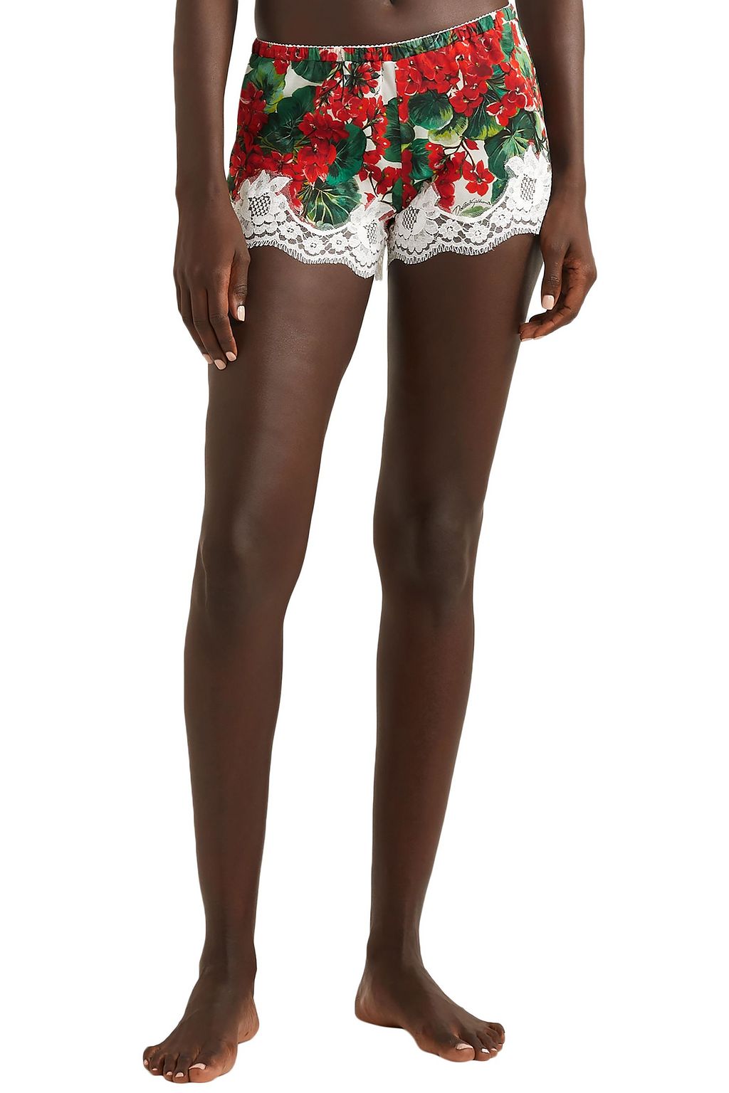 DOLCE&GABBANA Lace-trimmed floral-print silk-blend georgette shorts
