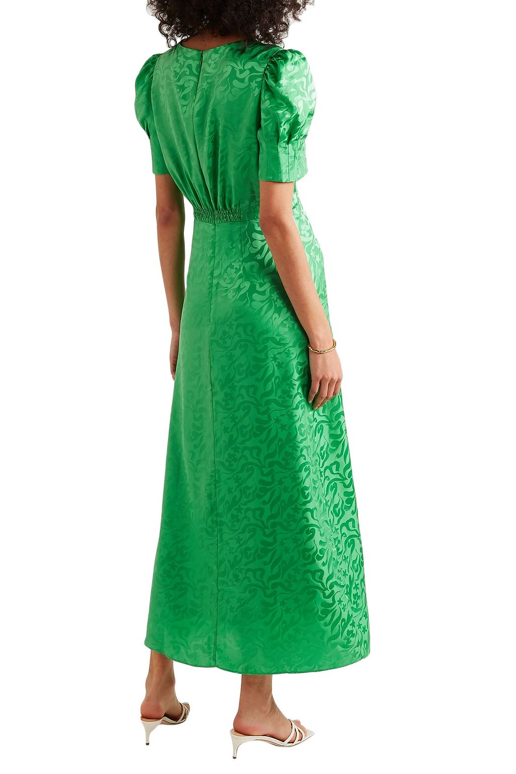 SALONI Bianca shirred silk-satin jacquard midi dress