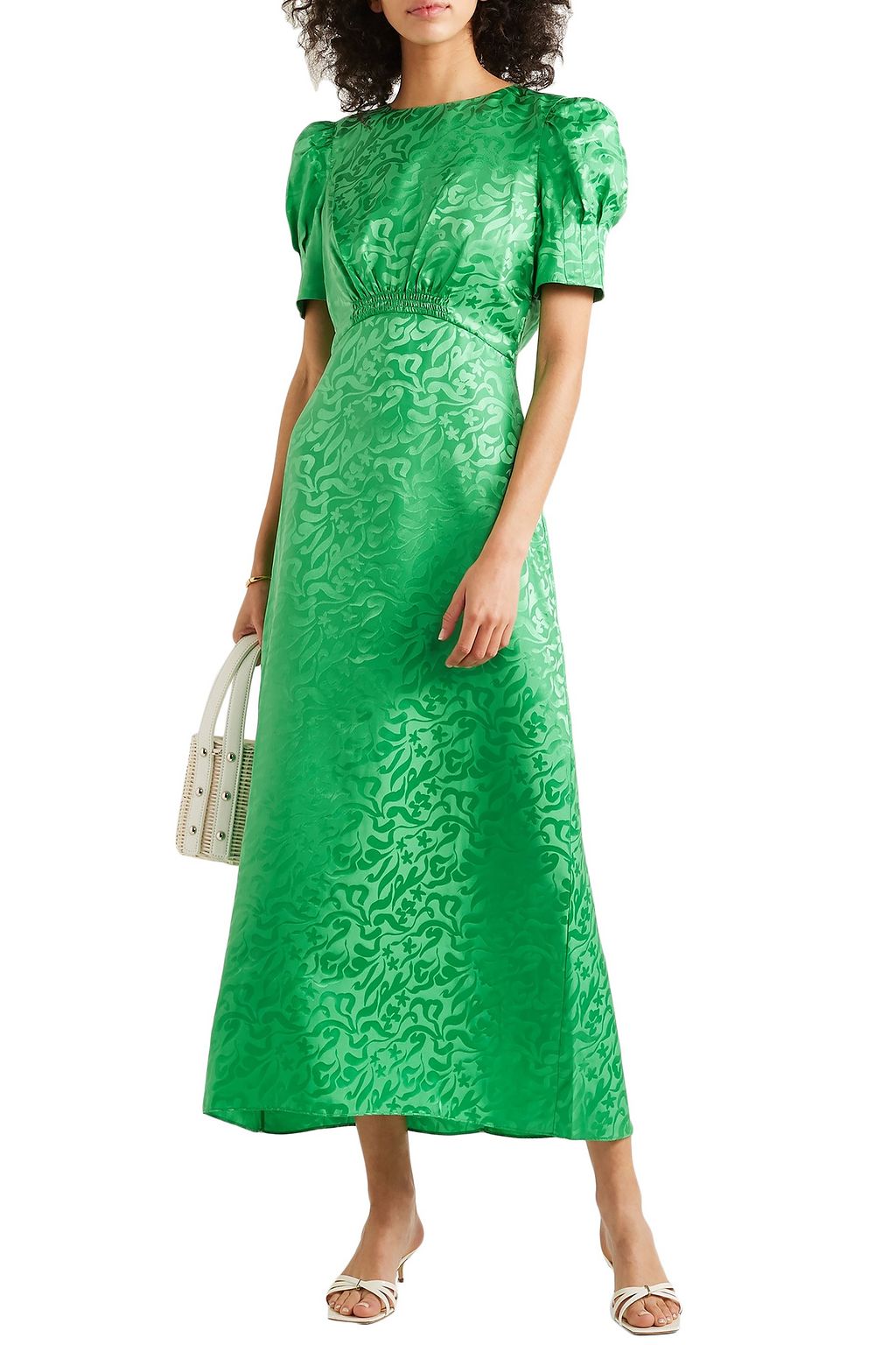 SALONI Bianca shirred silk-satin jacquard midi dress
