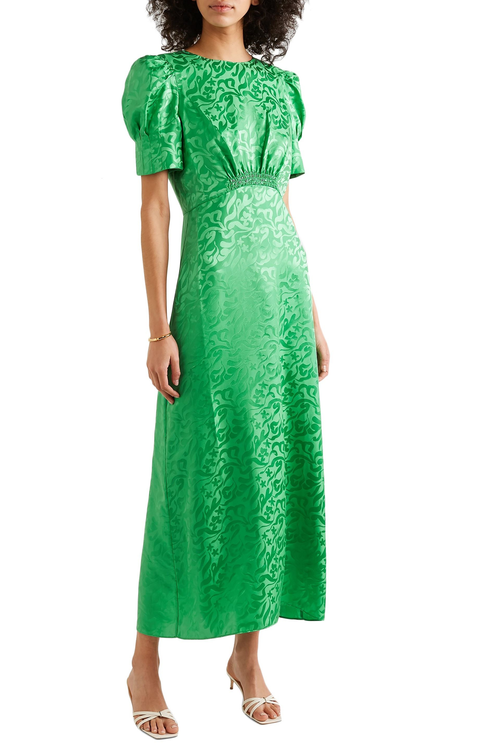 Saloni Bianca shirred silk-satin jacquard midi dress