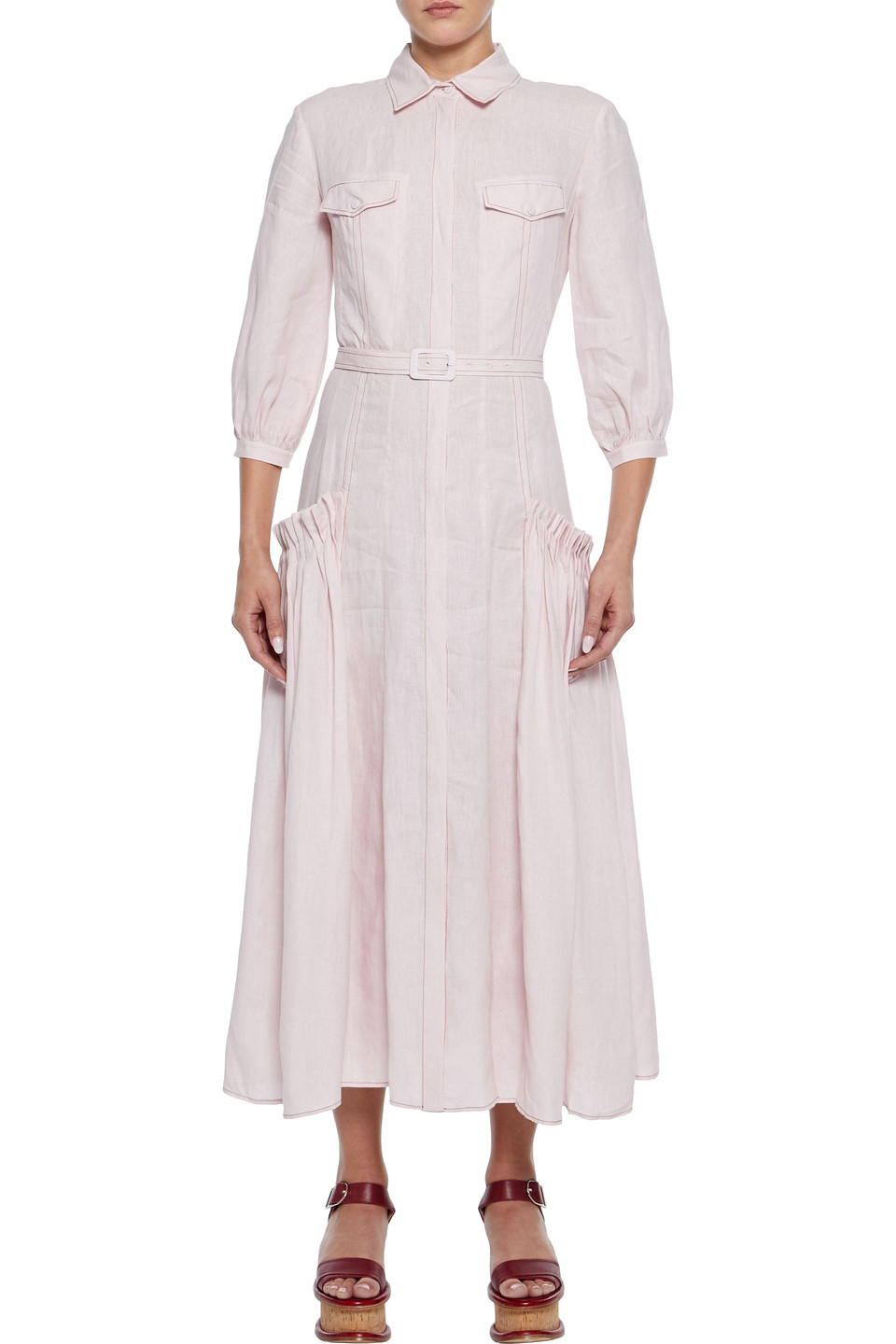 Gabriela Hearst Woodward Belted Pleated Linen Midi Shirt Dress In Baby Pink