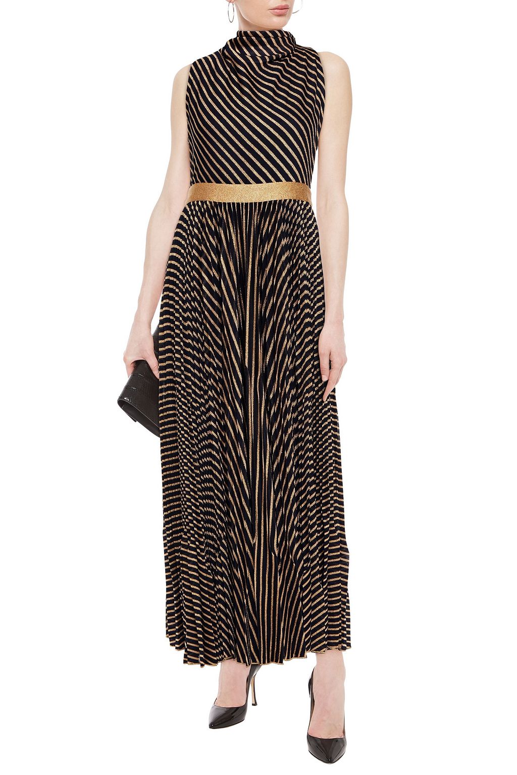 MISSONI Pleated metallic striped knitted maxi dress