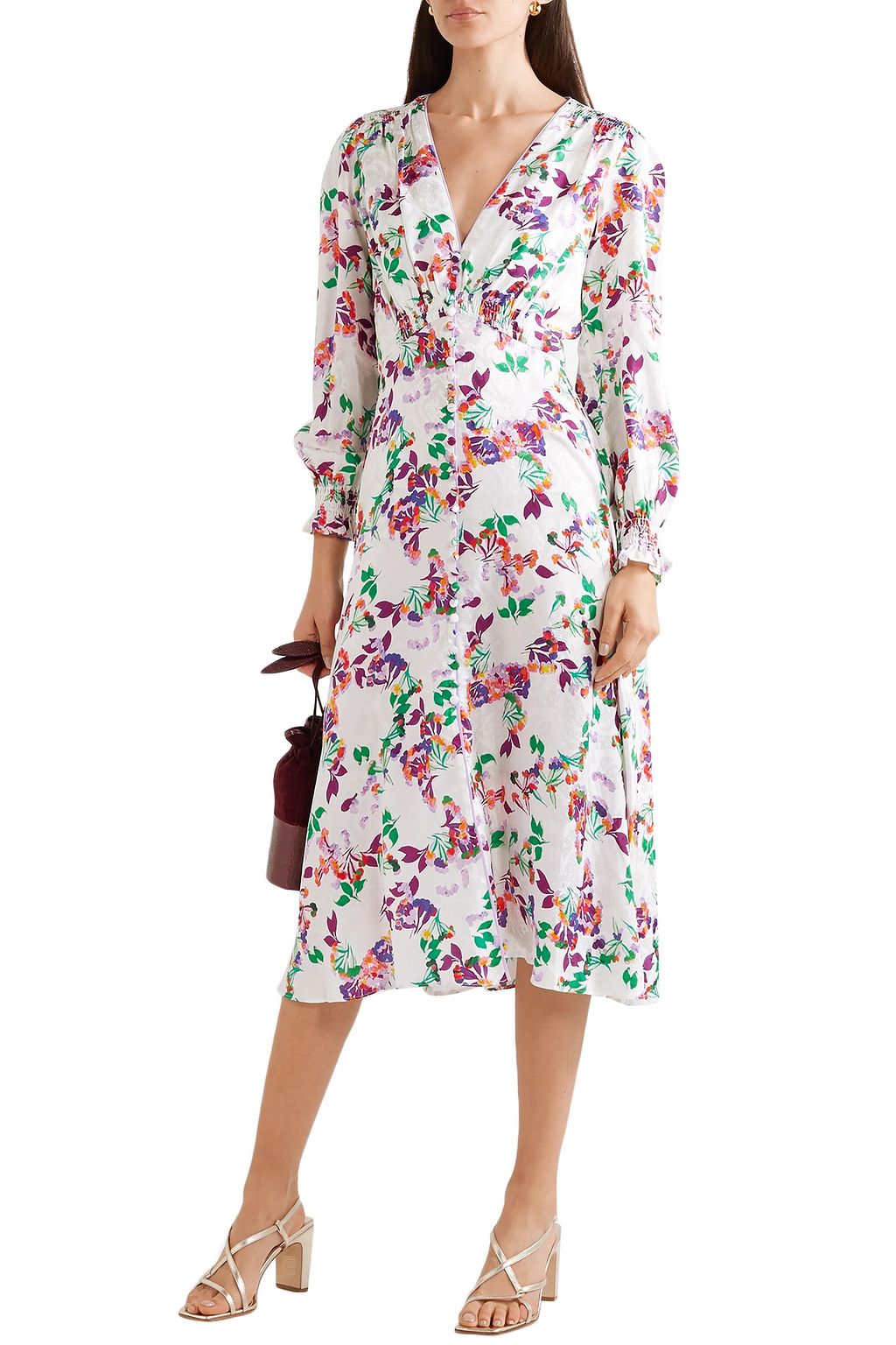 SALONI Eve C shirred floral-print silk-jacquard midi dress