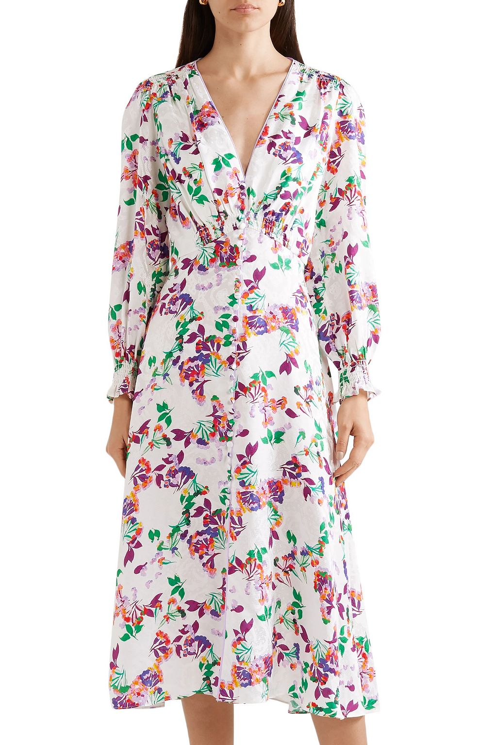 SALONI Eve C shirred floral-print silk-jacquard midi dress