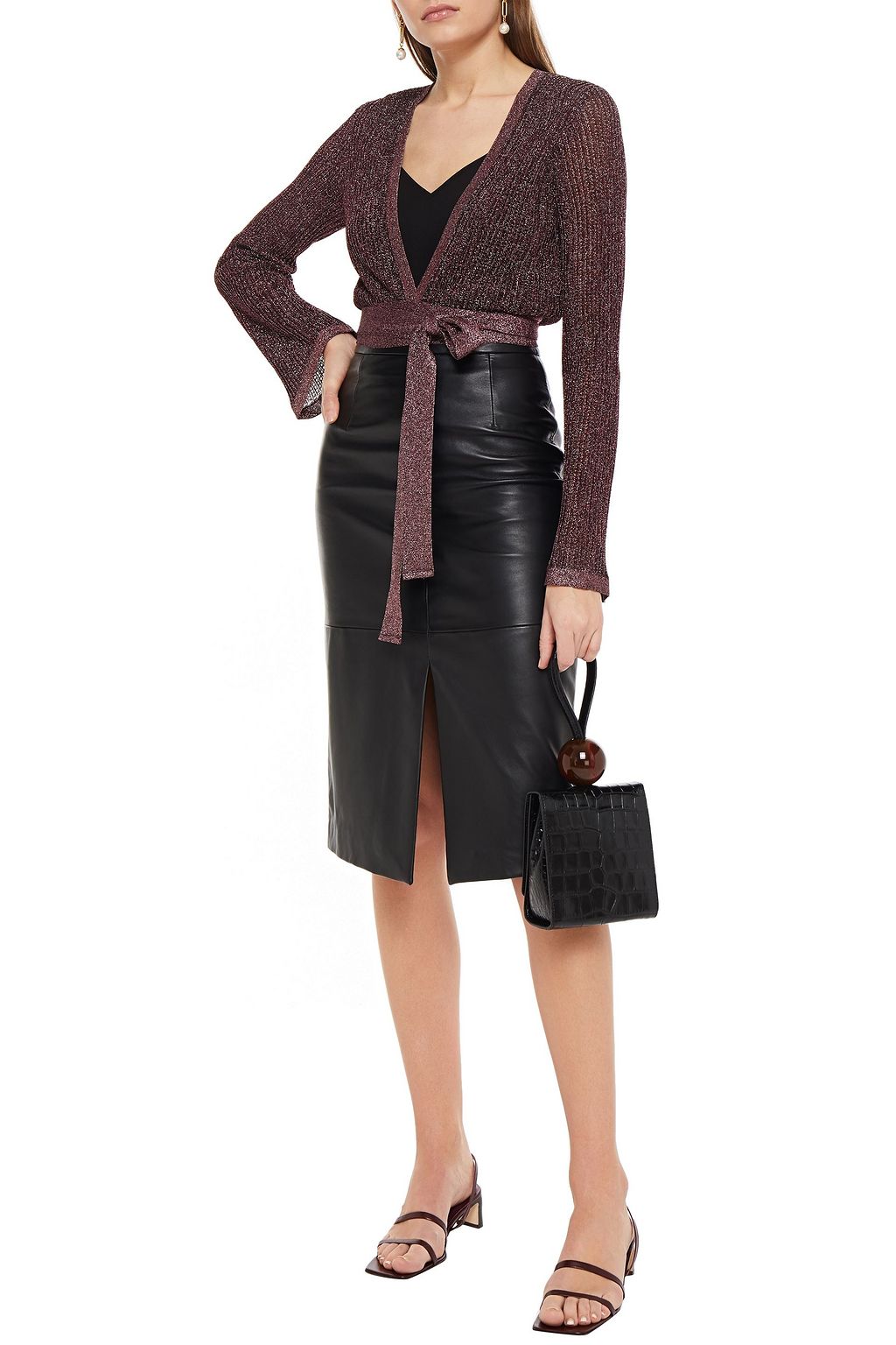 M MISSONI Cropped metallic pointelle-knit wrap top