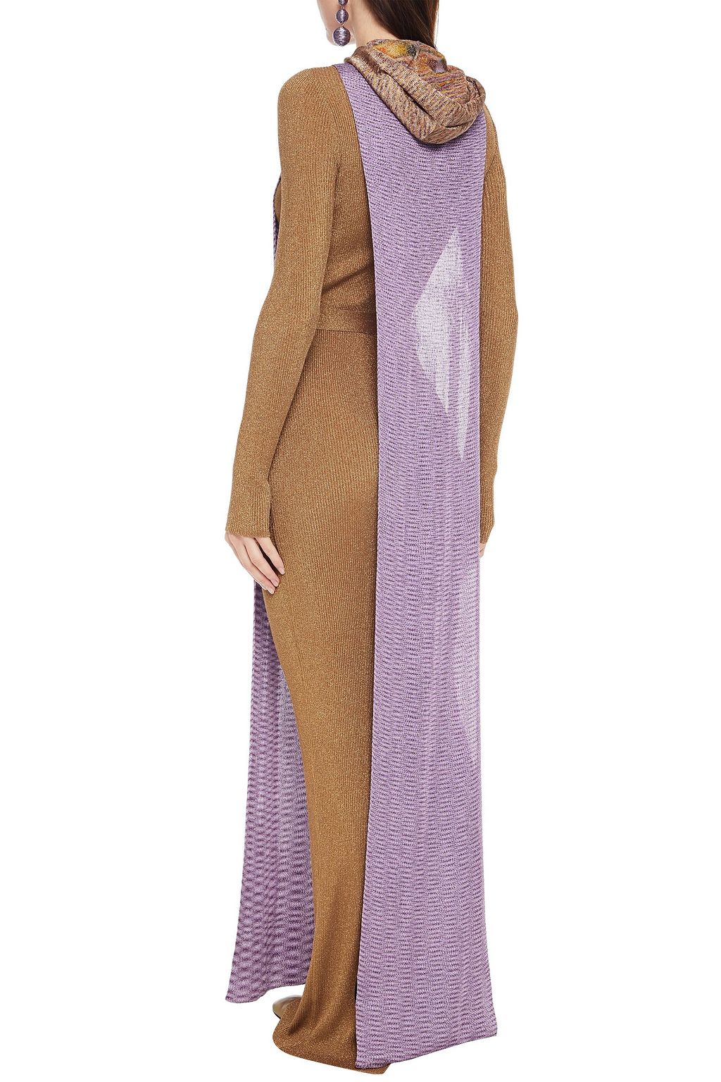 MISSONI Cape-effect belted metallic ribbed-knit maxi dress