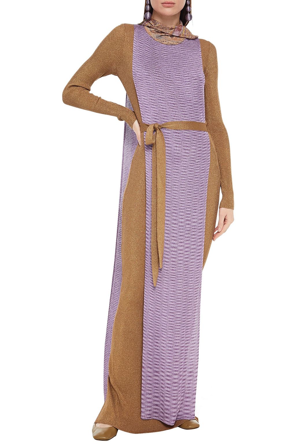 MISSONI Cape-effect belted metallic ribbed-knit maxi dress