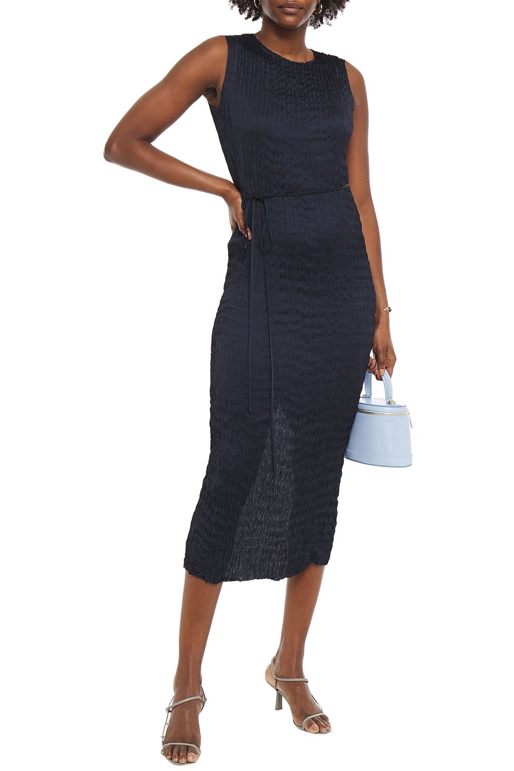 THEORY Belted crinkled-satin midi dress