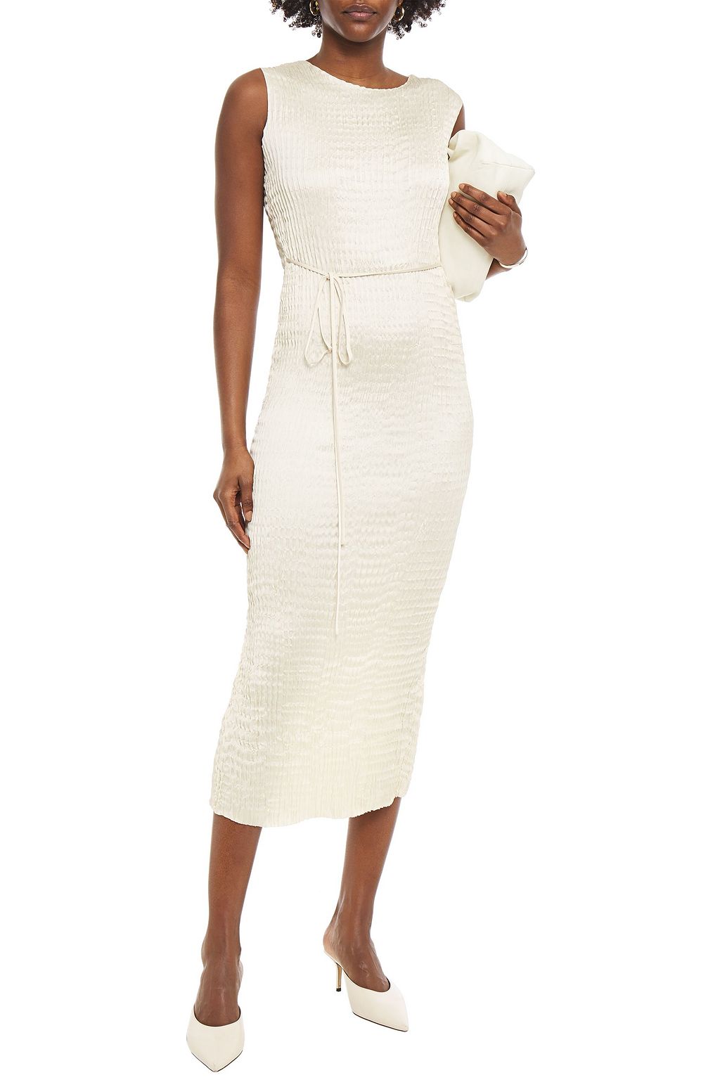 THEORY Belted crinkled-satin midi dress