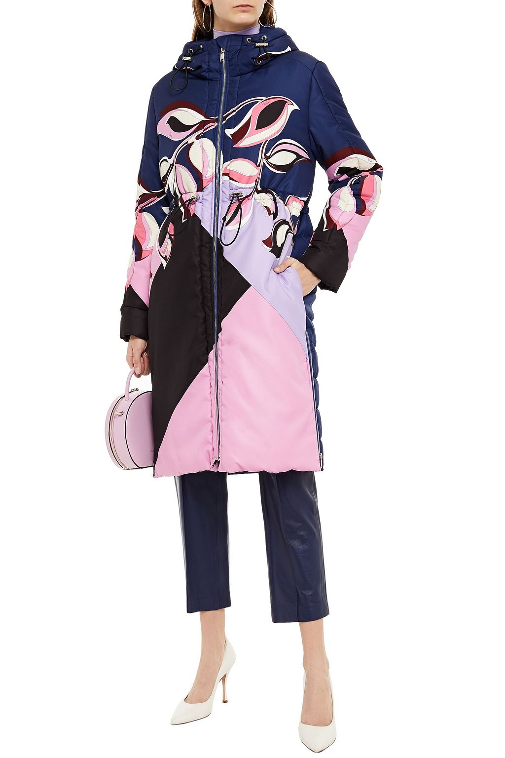 PUCCI Ruched printed satin-shell hooded coat