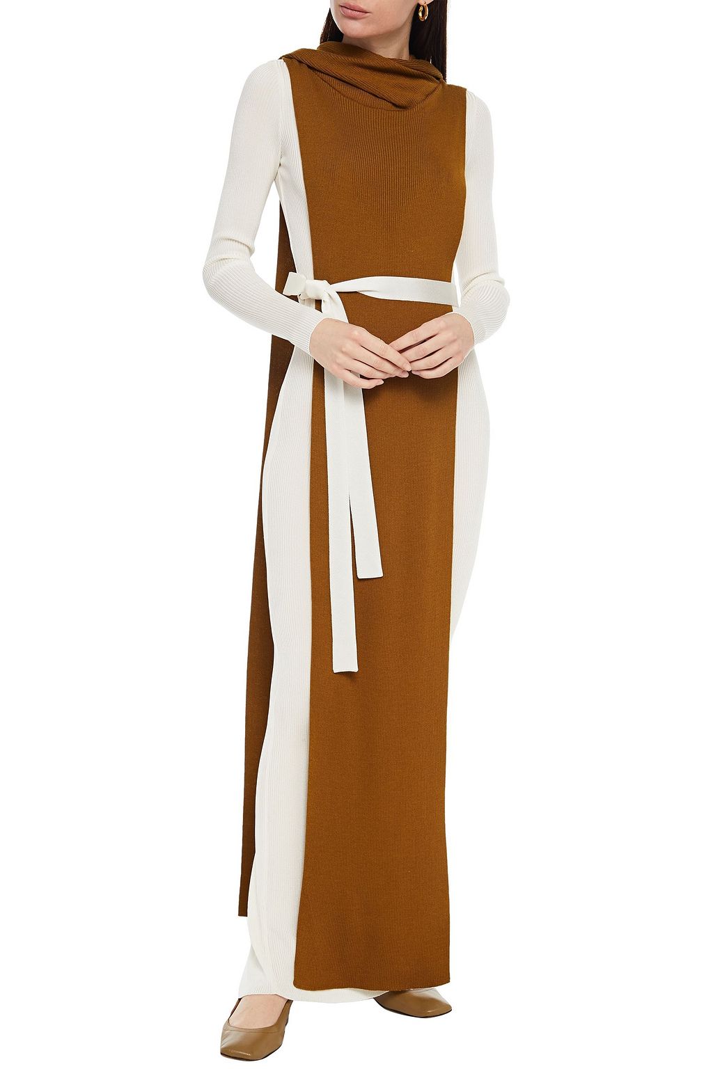 MISSONI Belted layered ribbed-knit hooded maxi dress