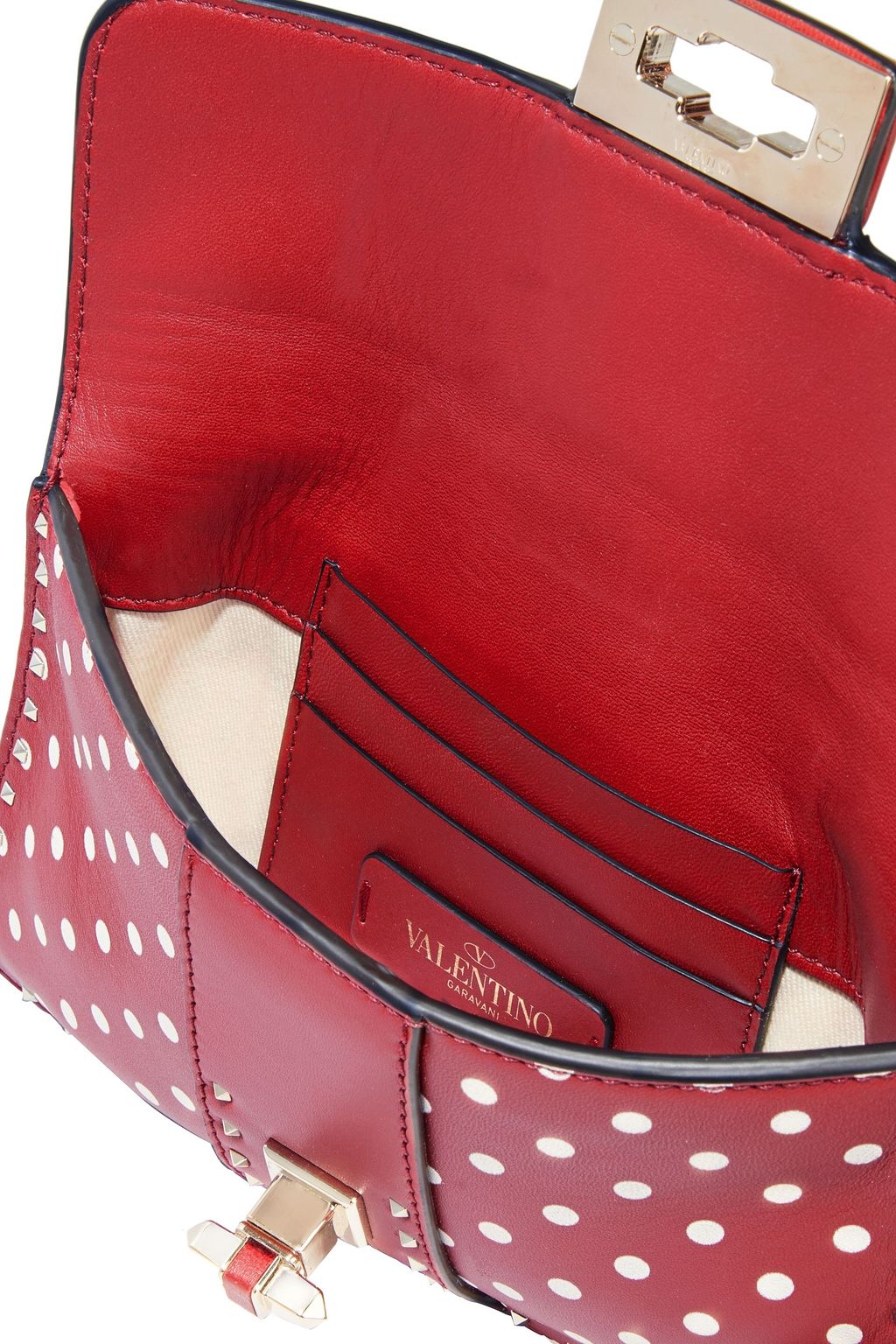 VALENTINO GARAVANI Rockstud ruffle-trimmed polka-dot leather shoulder bag