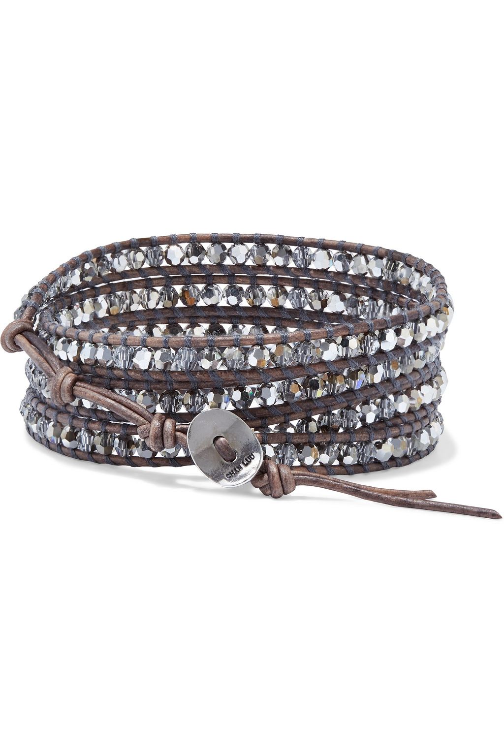 CHAN LUU Silver-tone, leather and crystal wrap bracelet