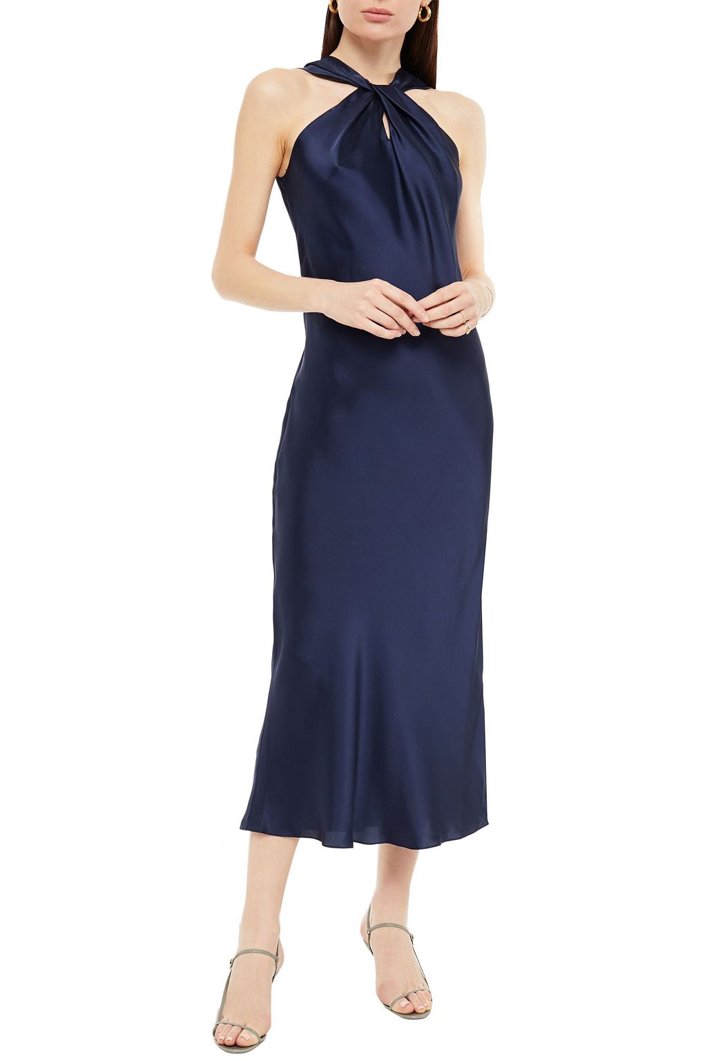 Navy Twist-front satin-twill midi dress | Sale up to 70% off | THE OUTNET | THEORY | THE OUTNET