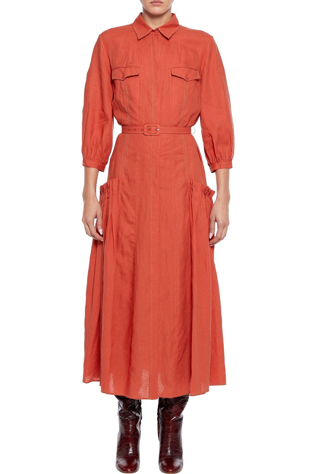 GABRIELA HEARST Woodward belted pleated linen midi shirt dress