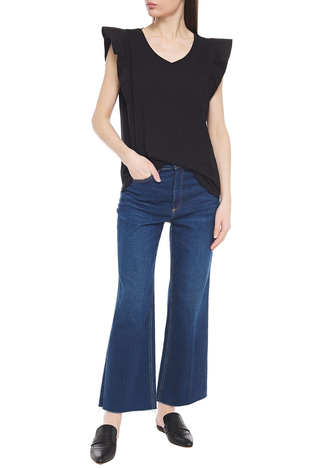 7 FOR ALL MANKIND Ruffled poplin-trimmed cotton and modal-blend top