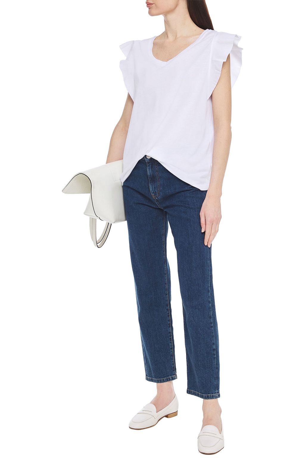 7 FOR ALL MANKIND Ruffled poplin-trimmed cotton and modal-blend top