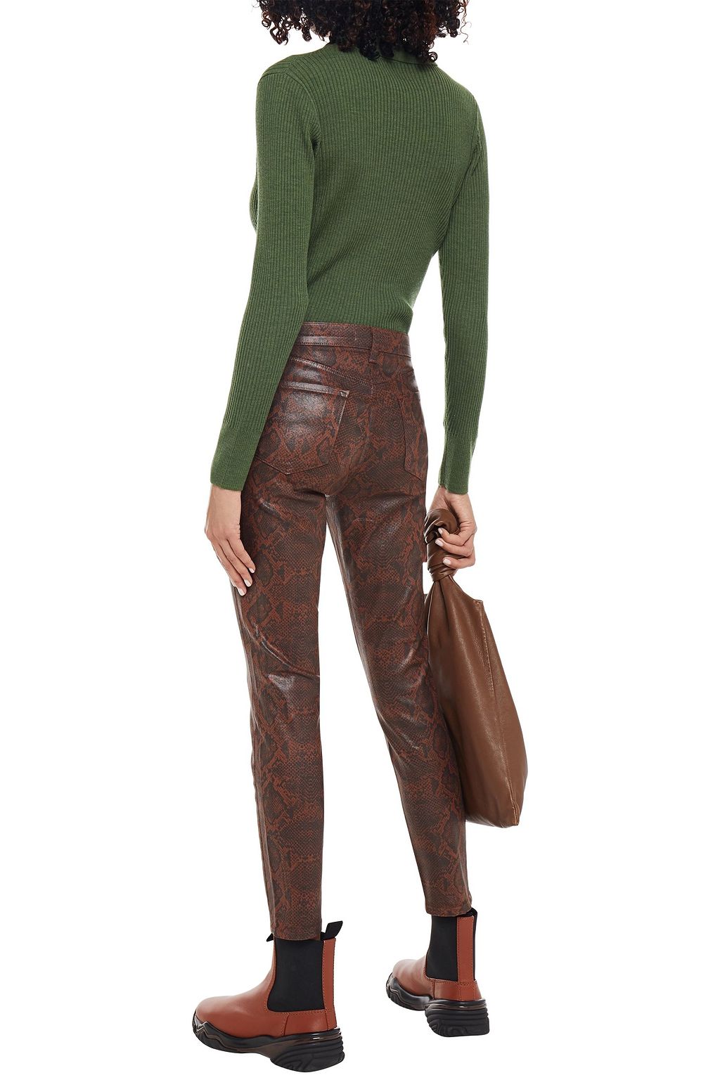 J BRAND Cropped coated snake-print high-rise skinny jeans