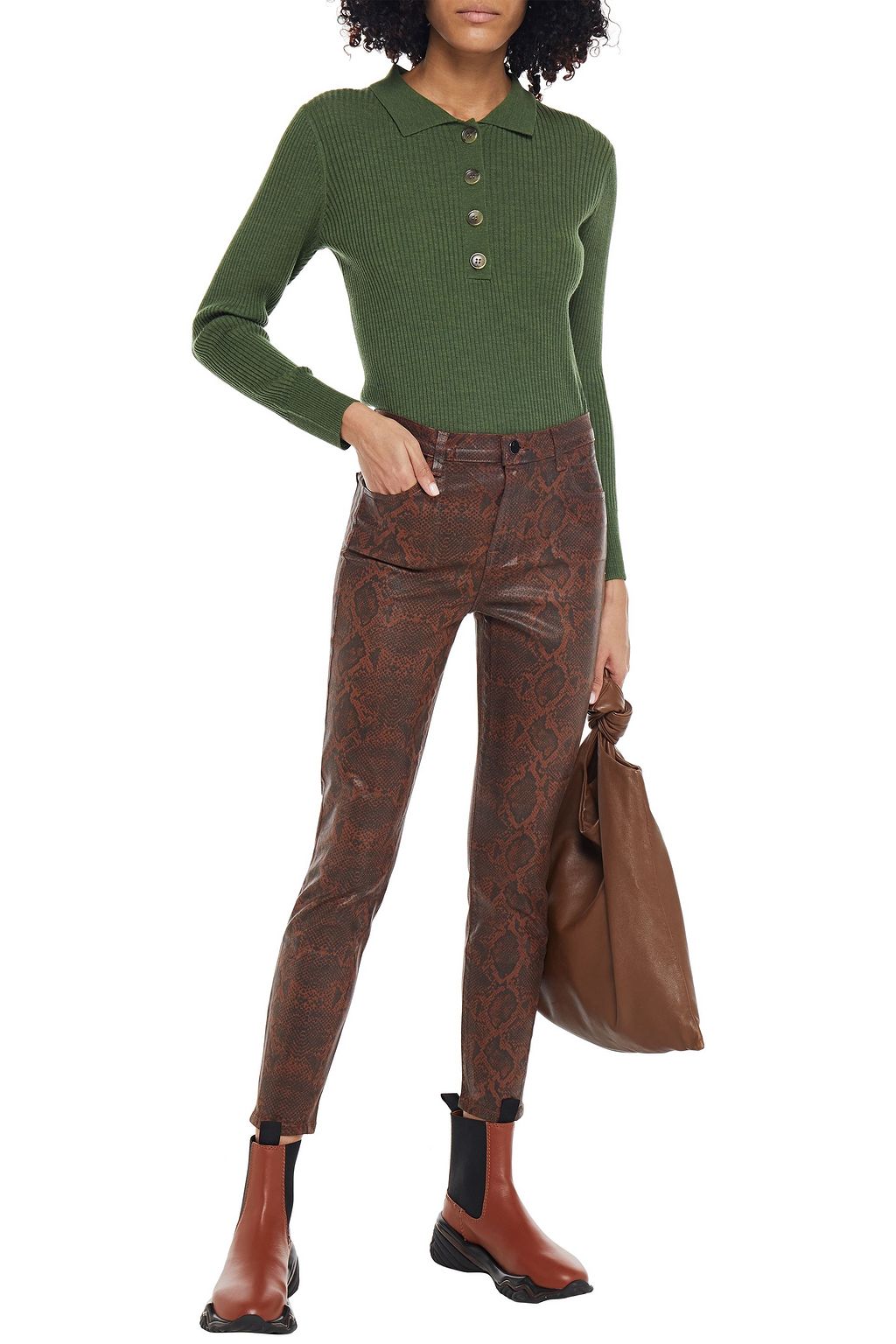 J BRAND Cropped coated snake-print high-rise skinny jeans