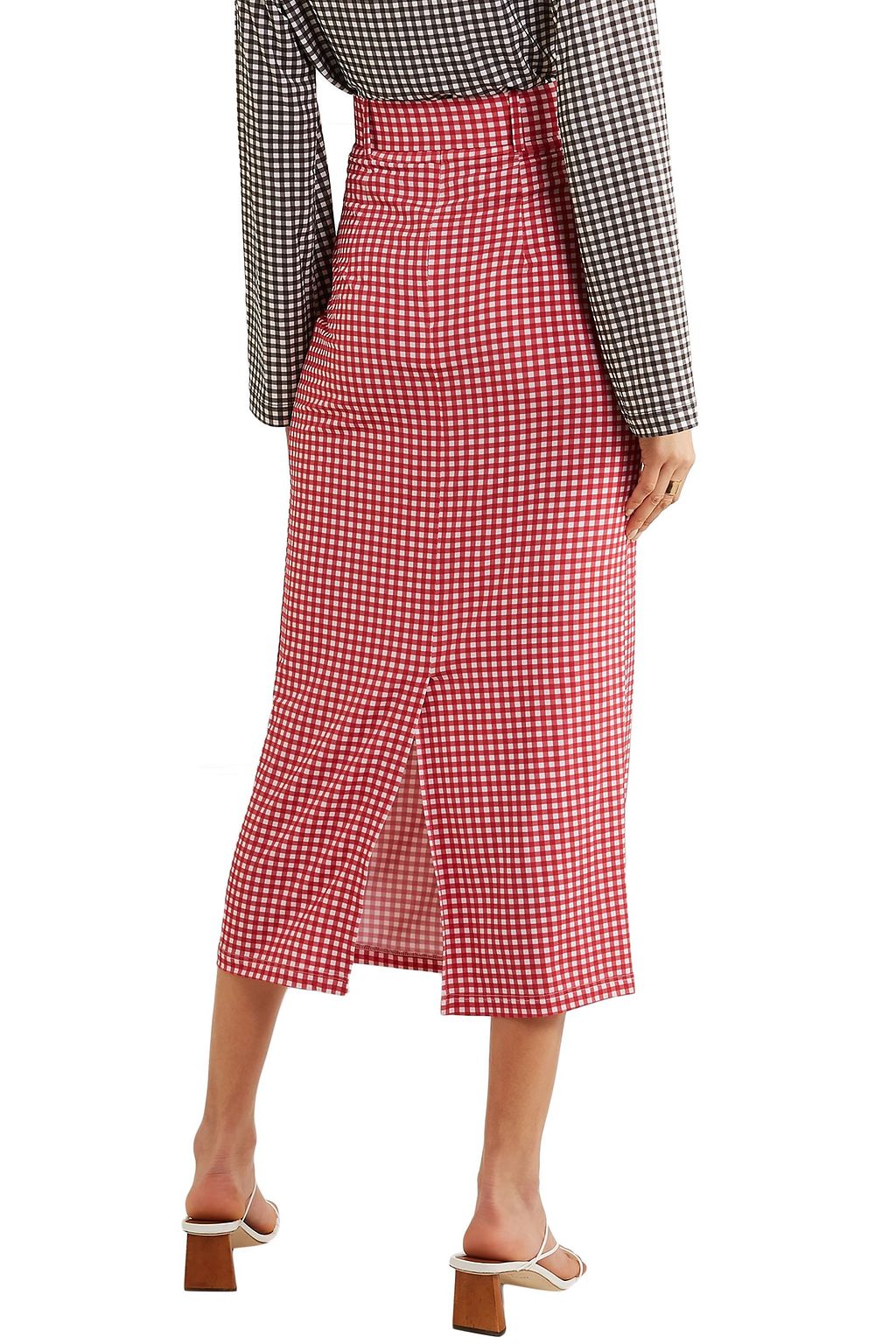 BERNADETTE Monica belted gingham stretch-jersey midi skirt