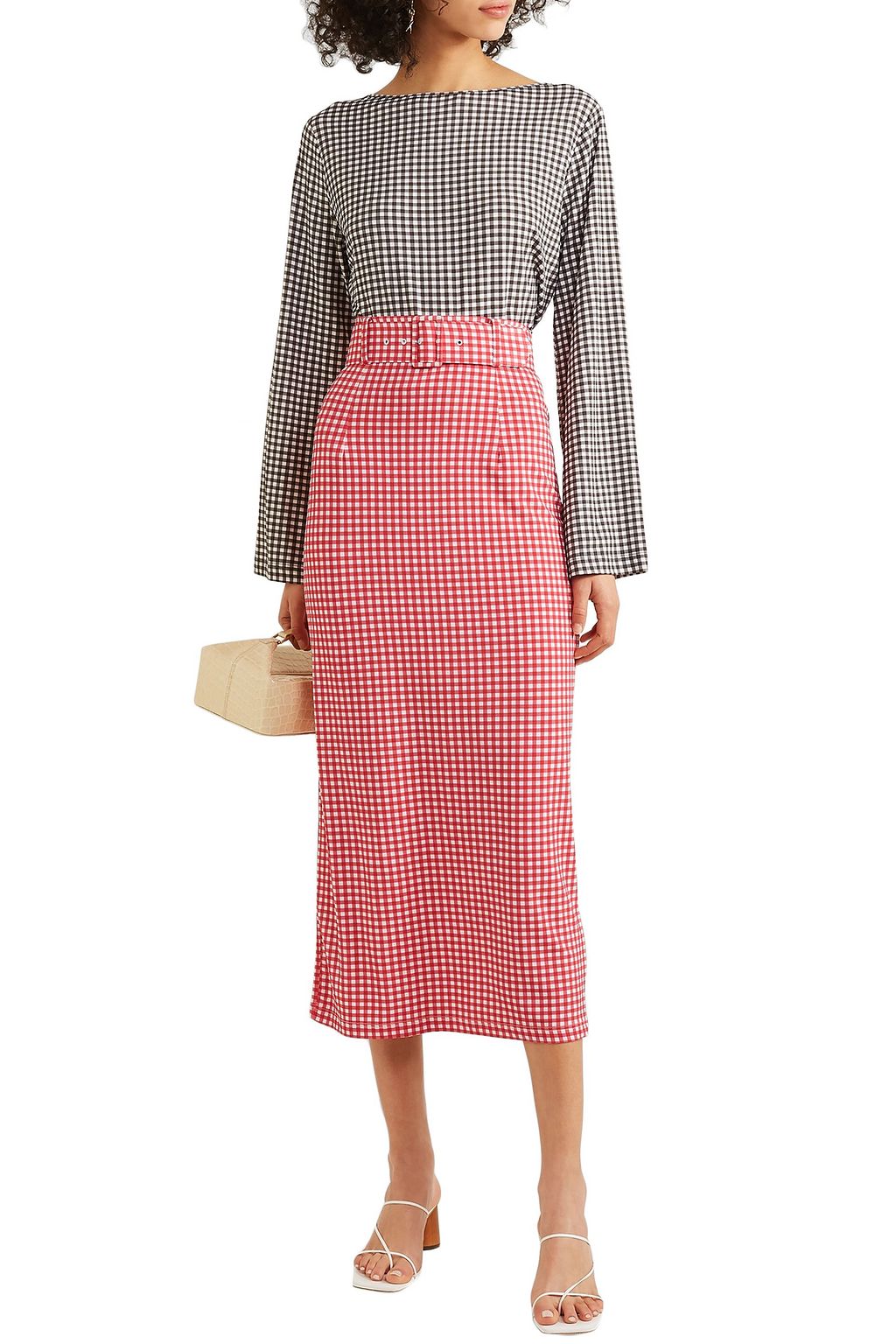BERNADETTE Monica belted gingham stretch-jersey midi skirt