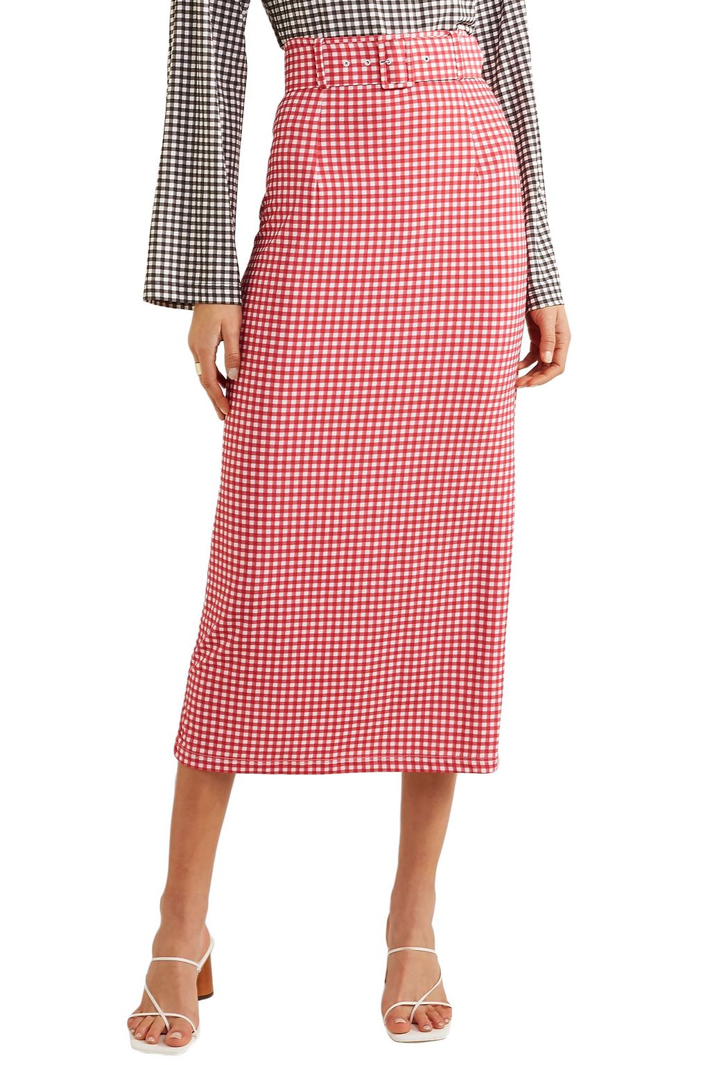 BERNADETTE Monica belted gingham stretch-jersey midi skirt