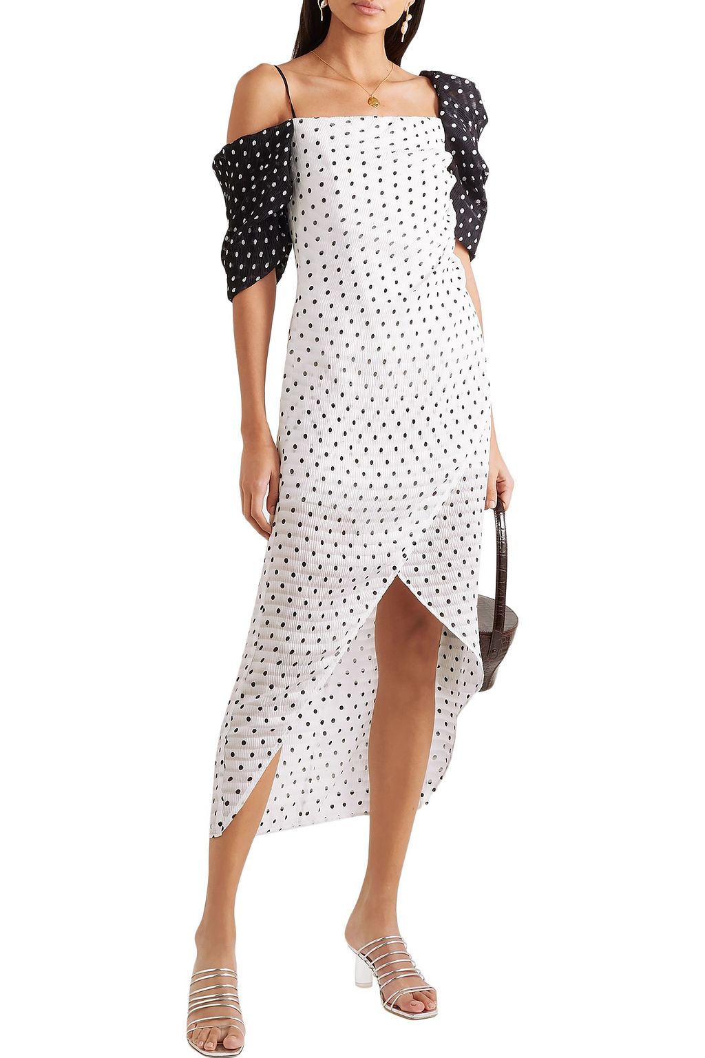 REJINA PYO Wrap-effect ruched polka-dot seersucker midi dress