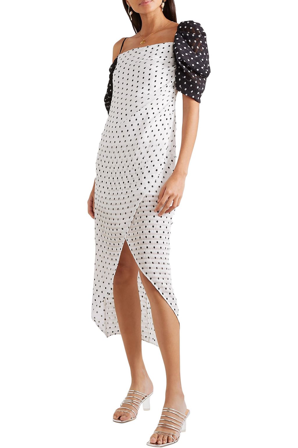 REJINA PYO Wrap-effect ruched polka-dot seersucker midi dress