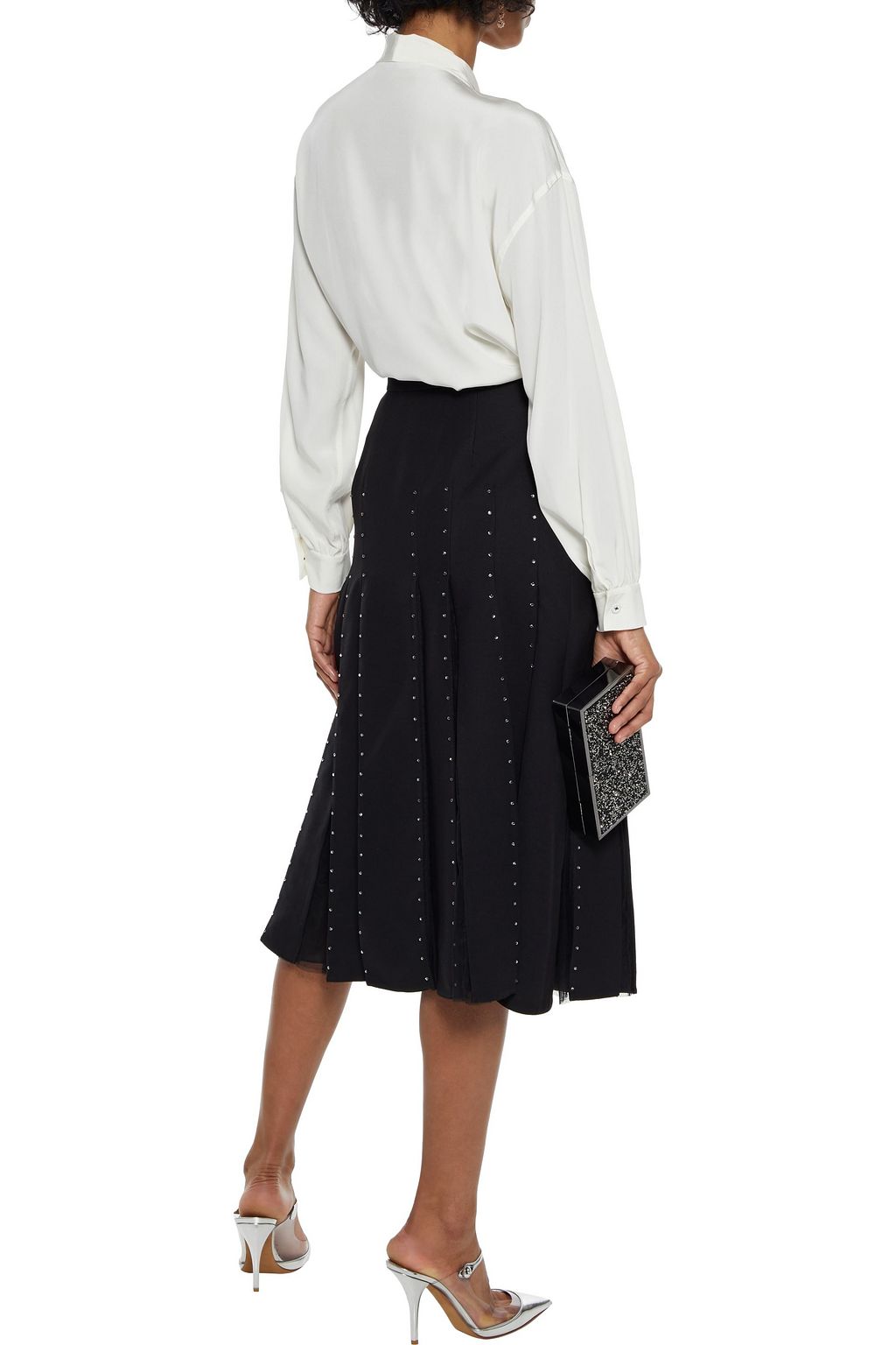 VALENTINO GARAVANI Tulle-paneled crystal-embellished wool and silk-blend midi skirt