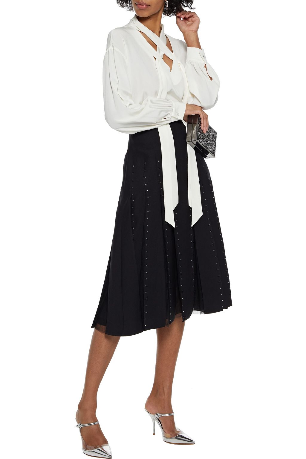 VALENTINO GARAVANI Tulle-paneled crystal-embellished wool and silk-blend midi skirt