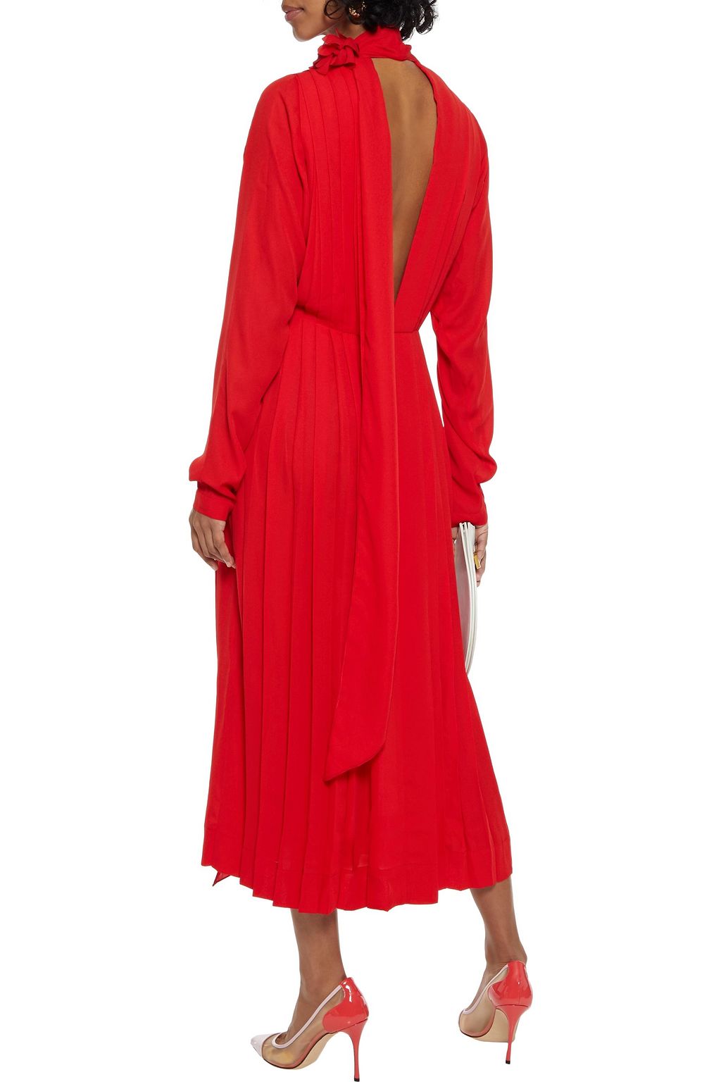 VICTORIA BECKHAM Floral appliquéd tie-neck pleated crepe de chine midi dress